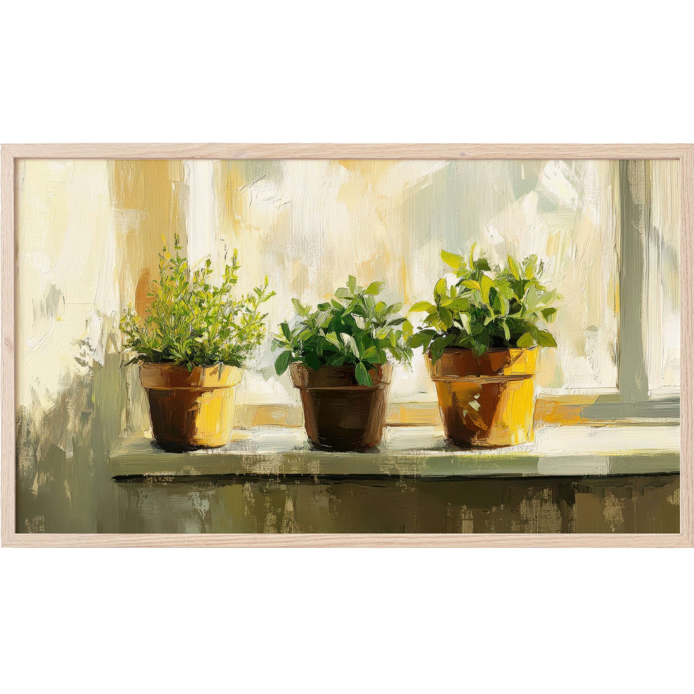 Botanical Frame TV Art showing three green potted plants on a sunlit windowsill in warm, muted earth tones