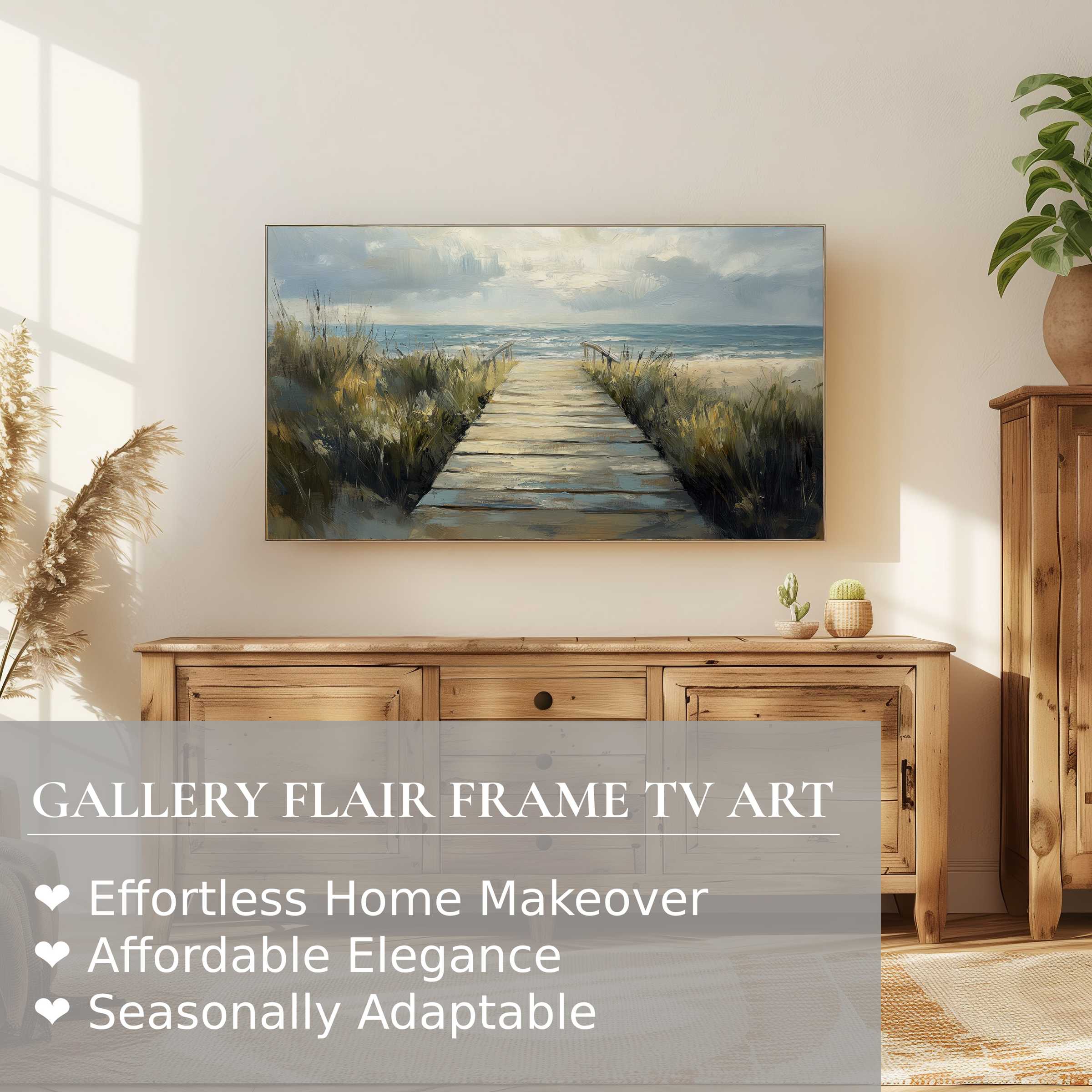 Samsung Frame TV displaying serene beach digital artwork in a modern, sunlit room with natural wooden decor