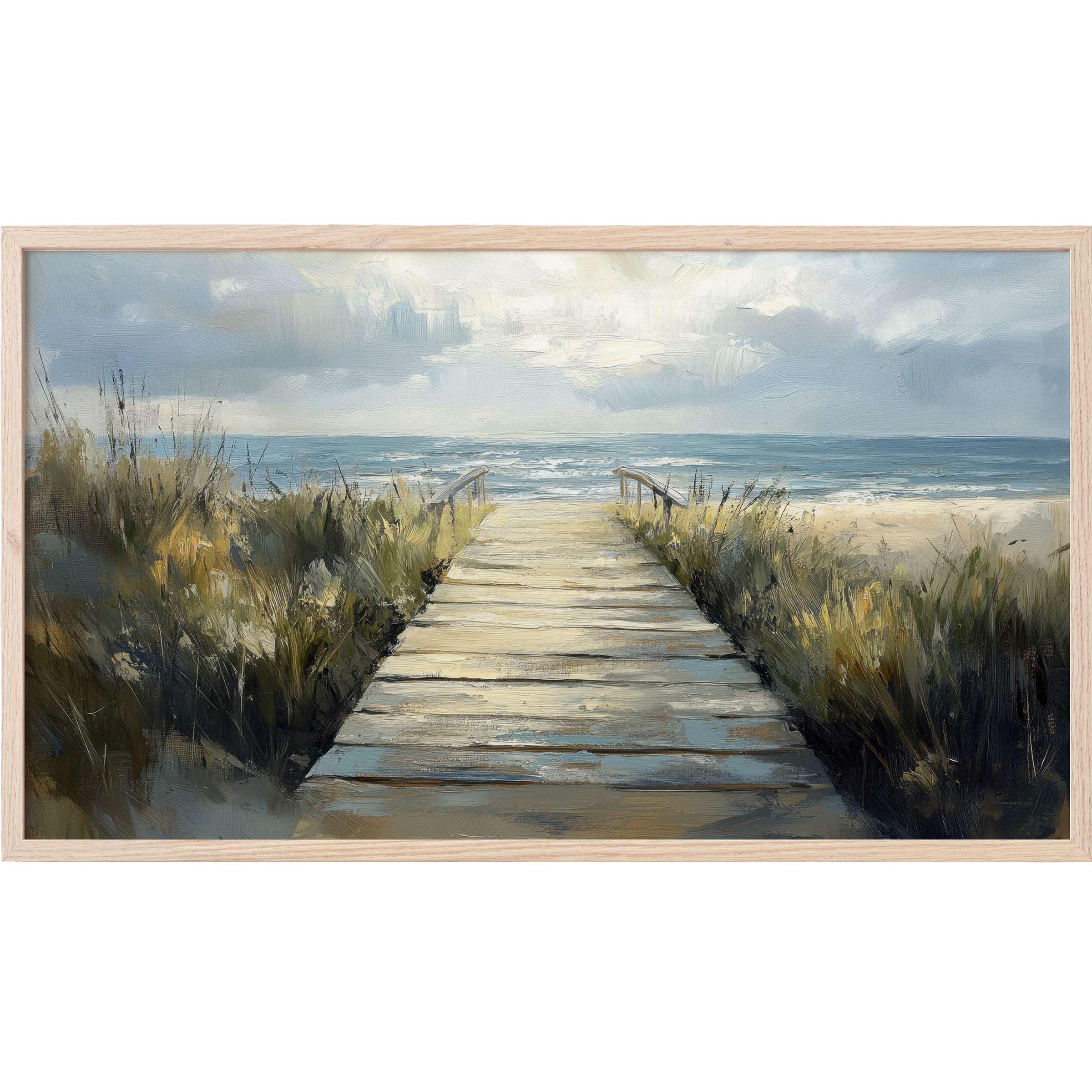 Serene coastal boardwalk leading to the ocean, soft blues and sandy neutrals, beach Frame TV Art