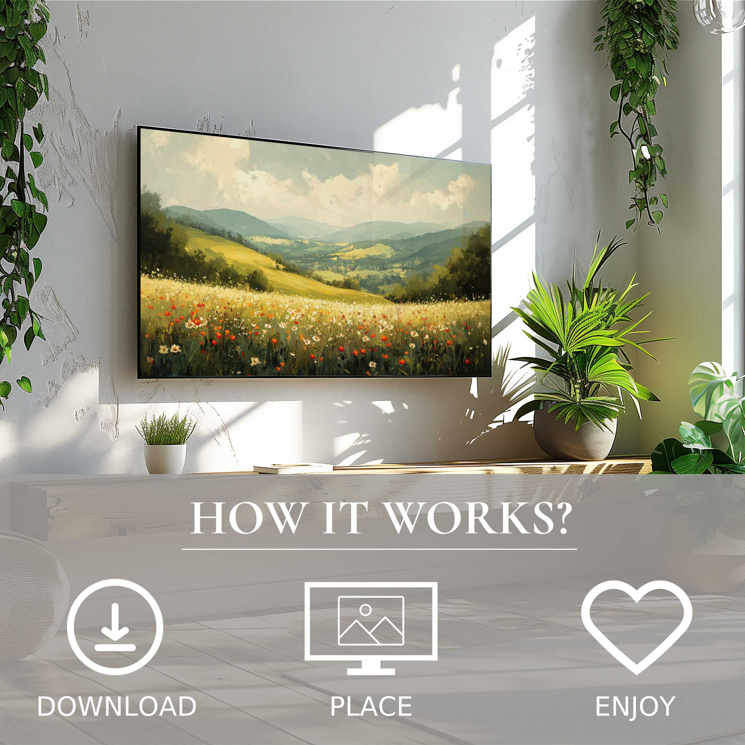 Modern living room with landscape art for Samsung TV, digital download shows soft sunset tones, enriching space