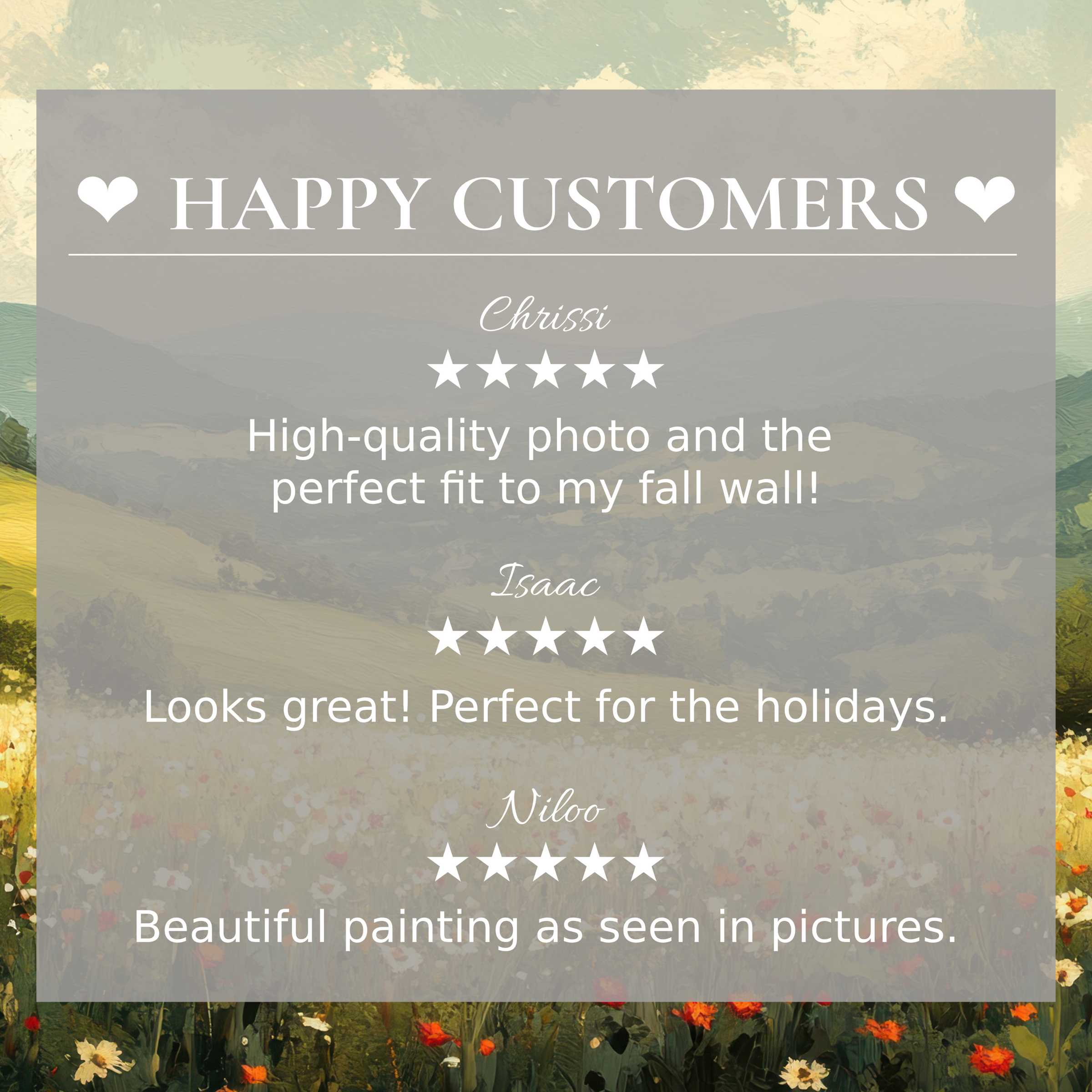 Elegant landscape art for Frame TV with abstract sunset hues, showcasing happy customer reviews that inspire trust