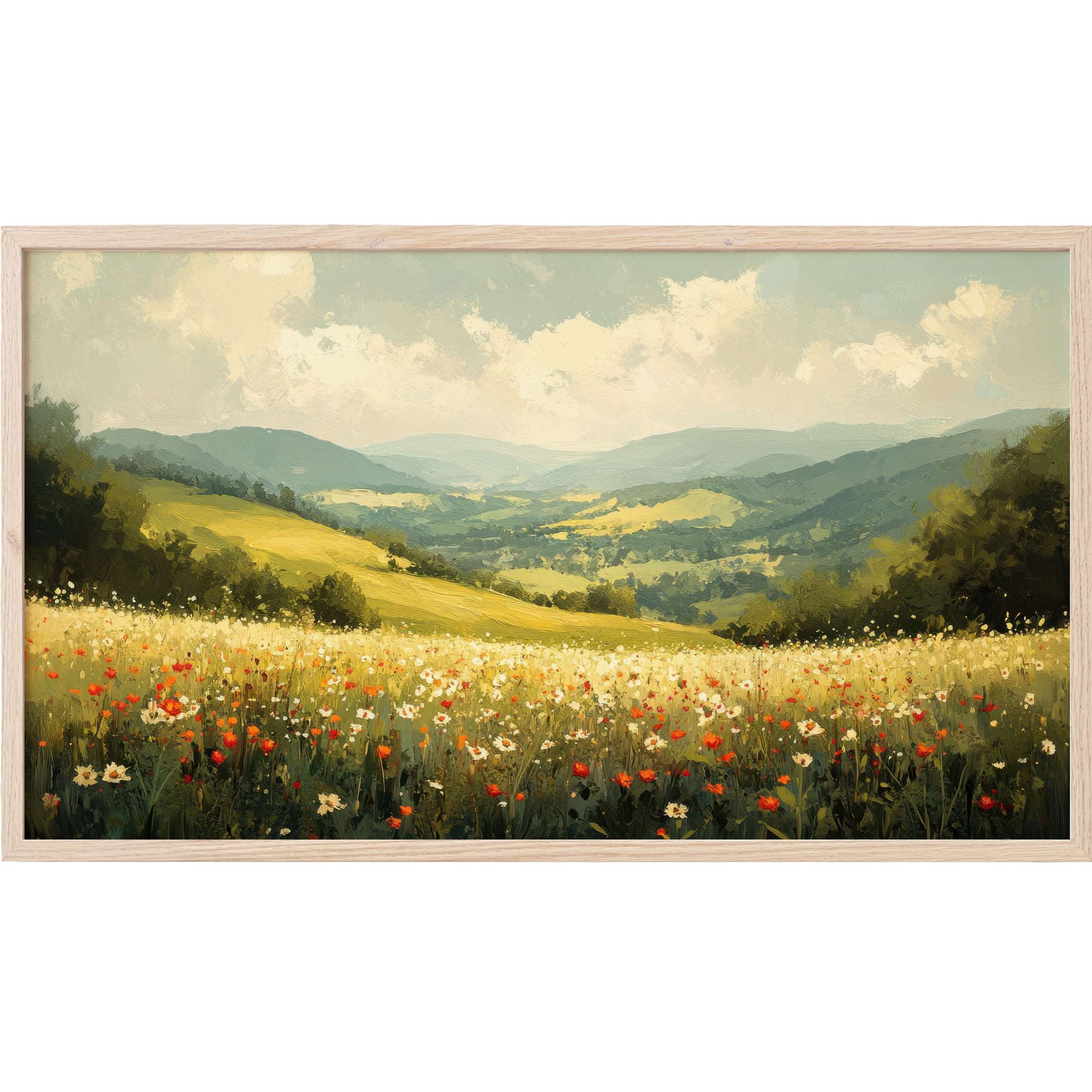Tranquil wildflower meadow with rolling hills under soft clouds in muted greens and yellows, landscape Frame TV Art