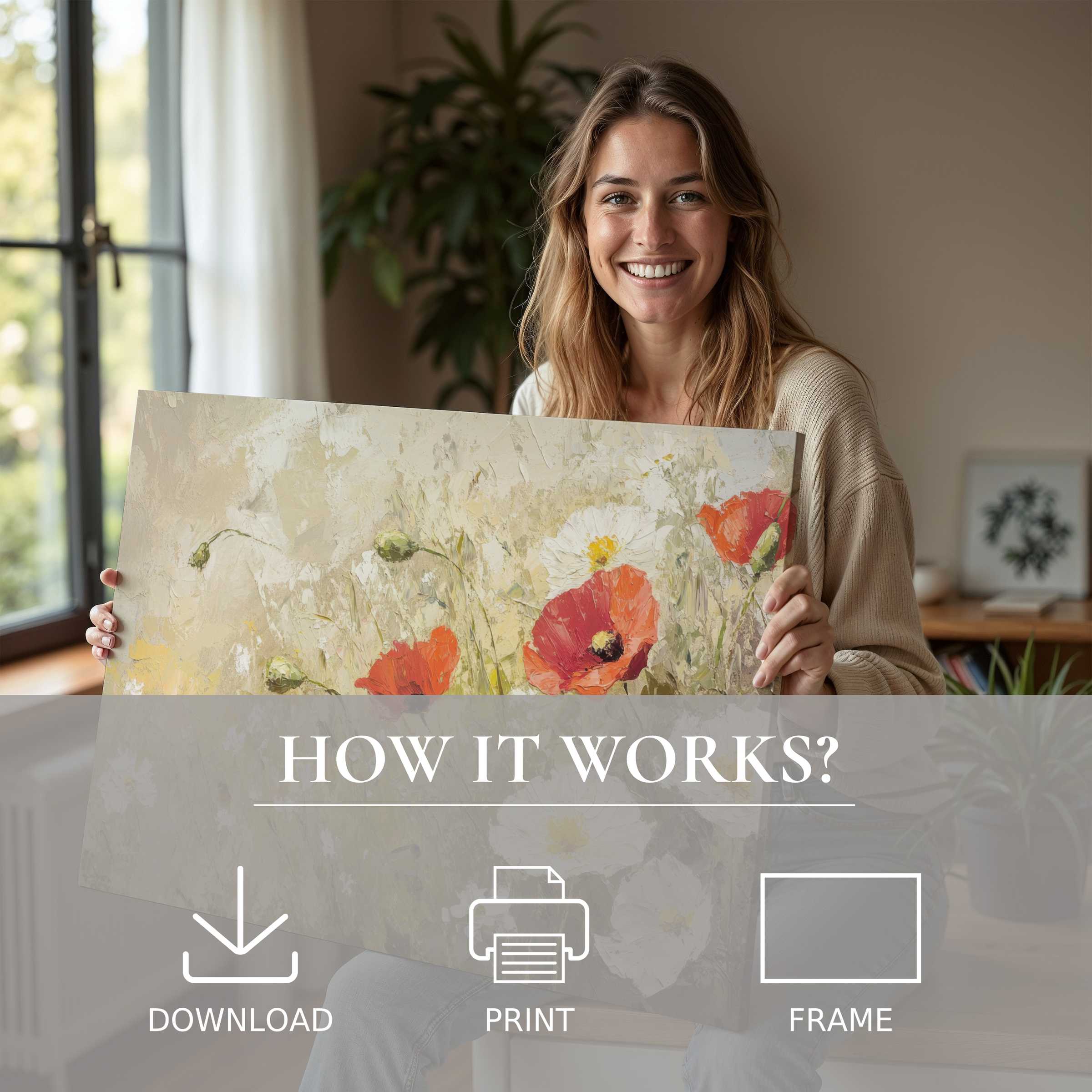Radiant spring digital art print embraced in a sunlit modern home, evoking joy and effortless elegance in décor