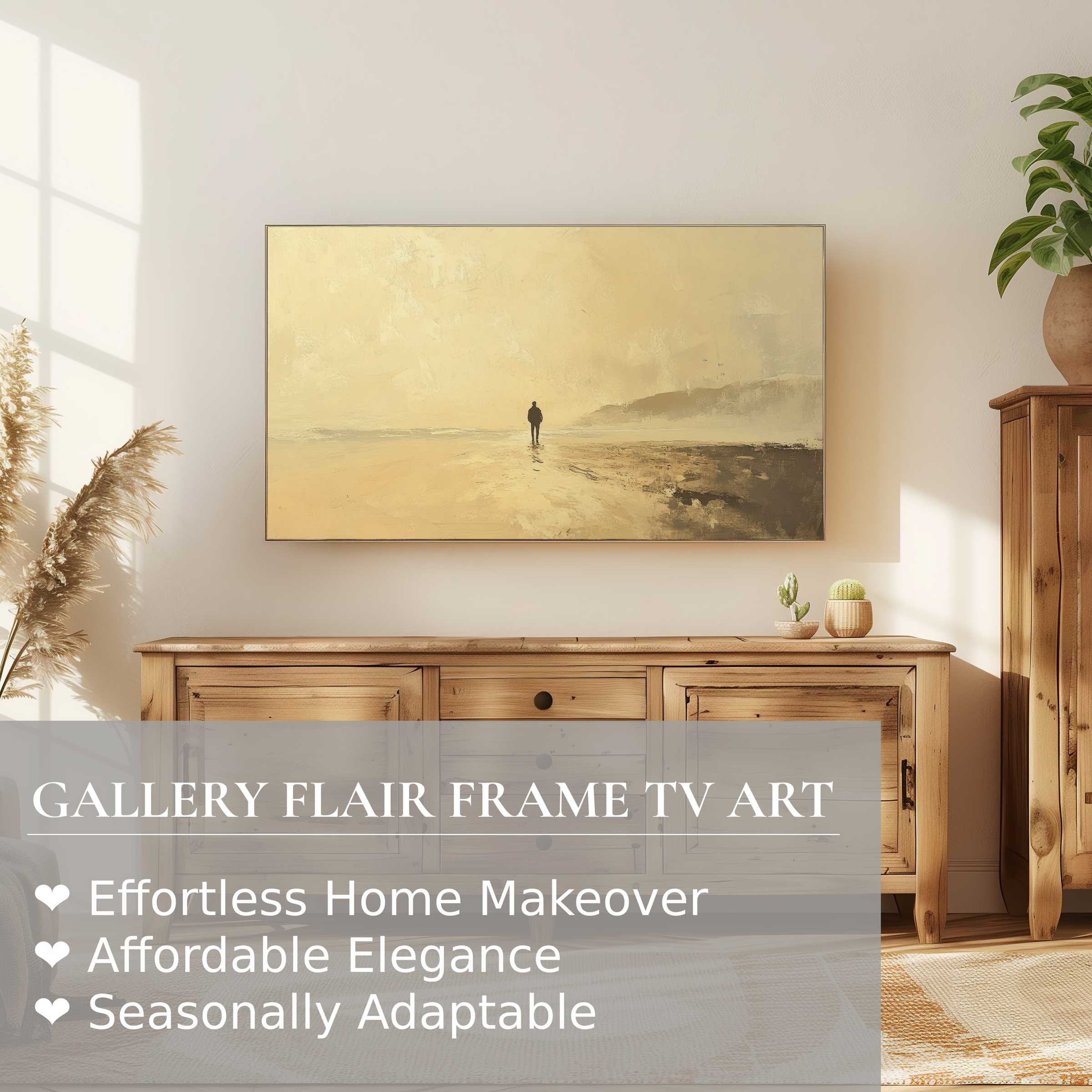 Elegant summer digital artwork on Samsung Frame TV displays serene beach scene, perfect for refined home decor enthusiasts