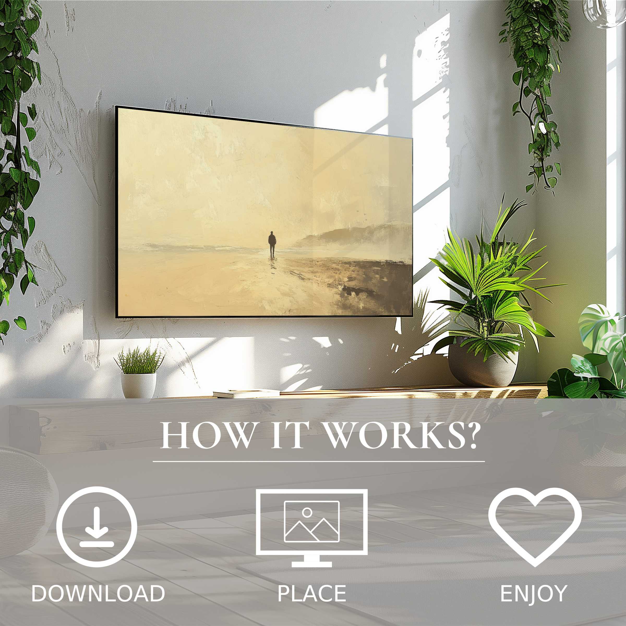 Summer art for Samsung TV shows soft sunset tones with a lone figure, easy digital download enhances any modern space