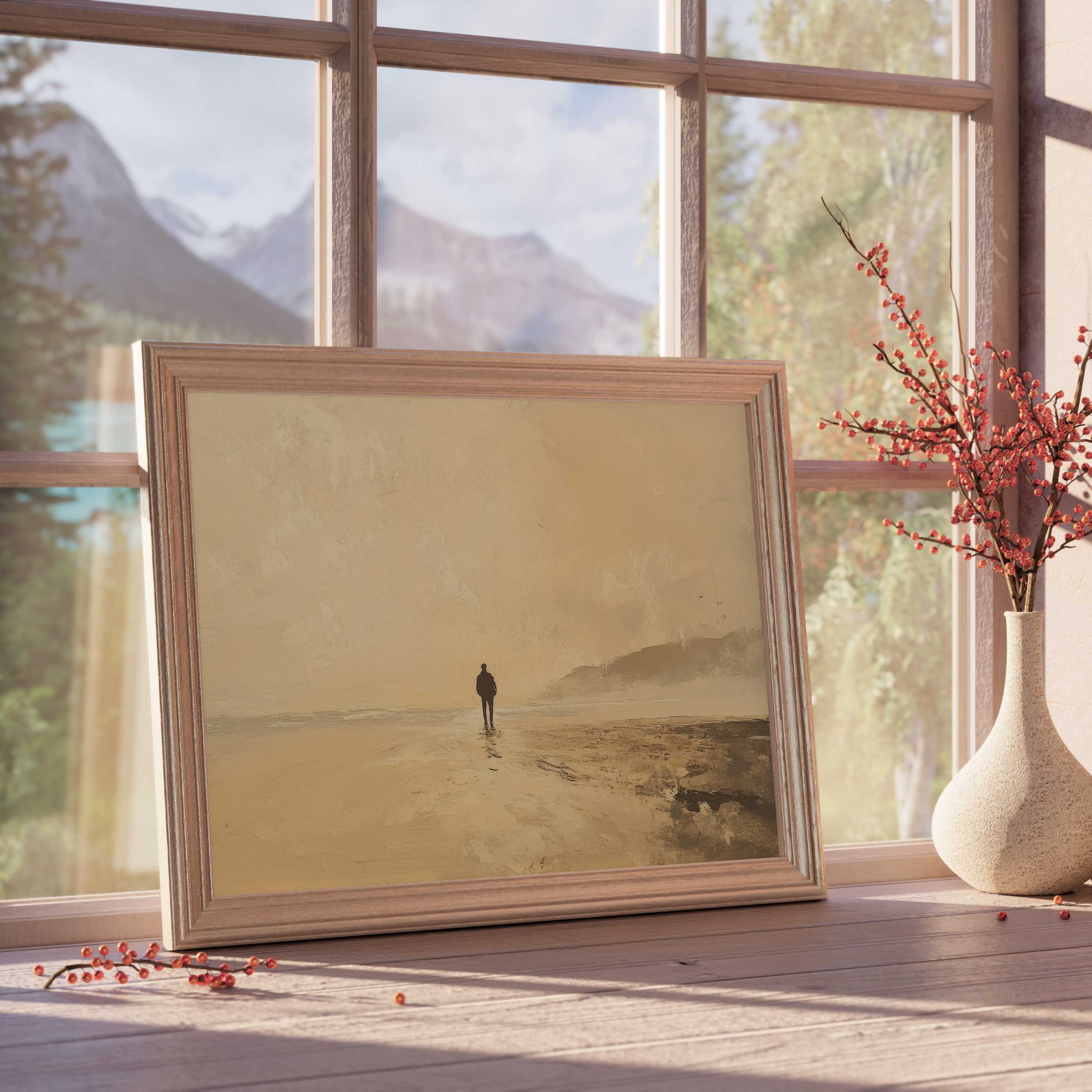 Summer downloadable art capturing serene solitude in muted earth tones, enhancing tranquil, curated interiors with subtle coastal elegance