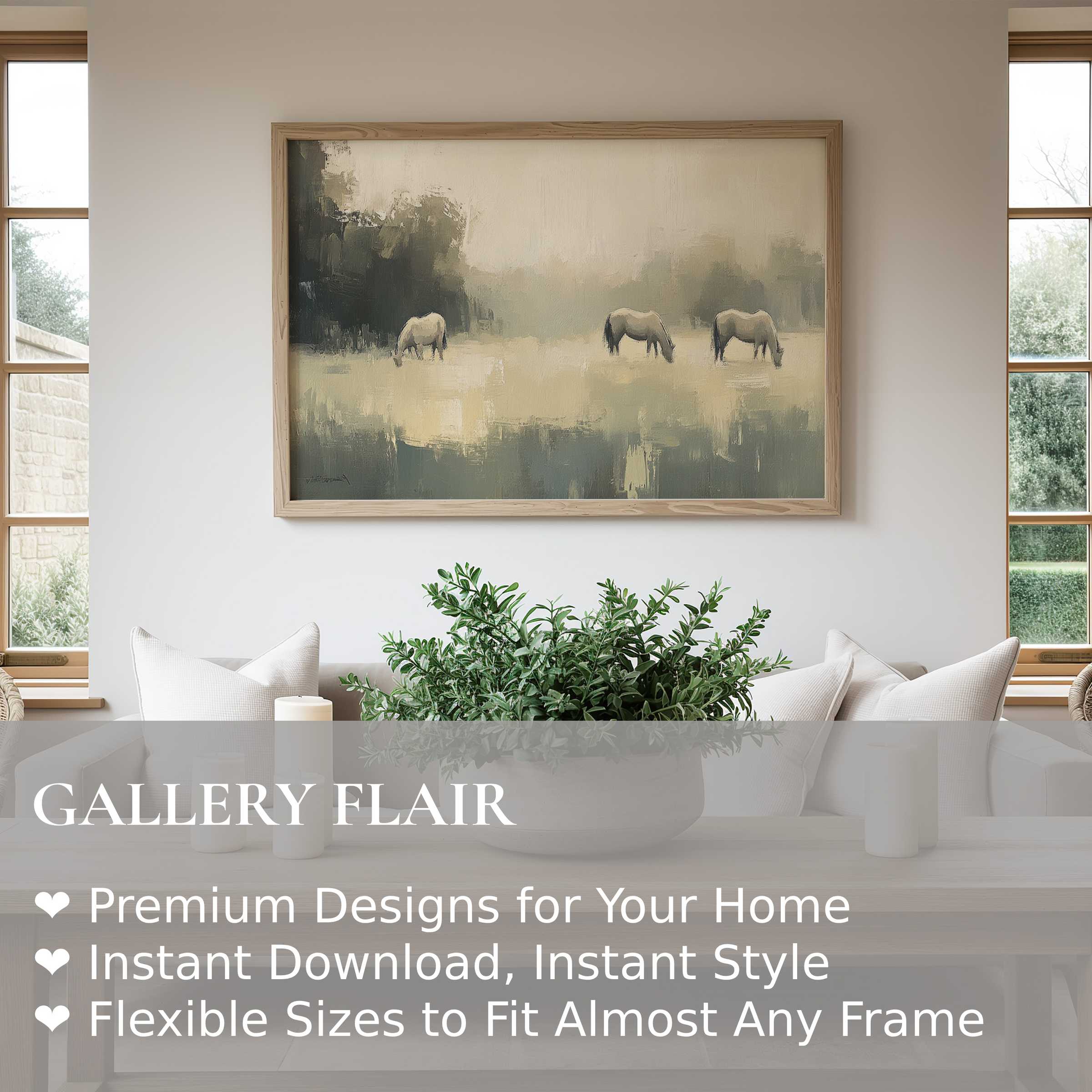 Vintage wall art print featuring serene horses in muted earth tones, enhancing modern rustic interiors with calming, timeless elegance