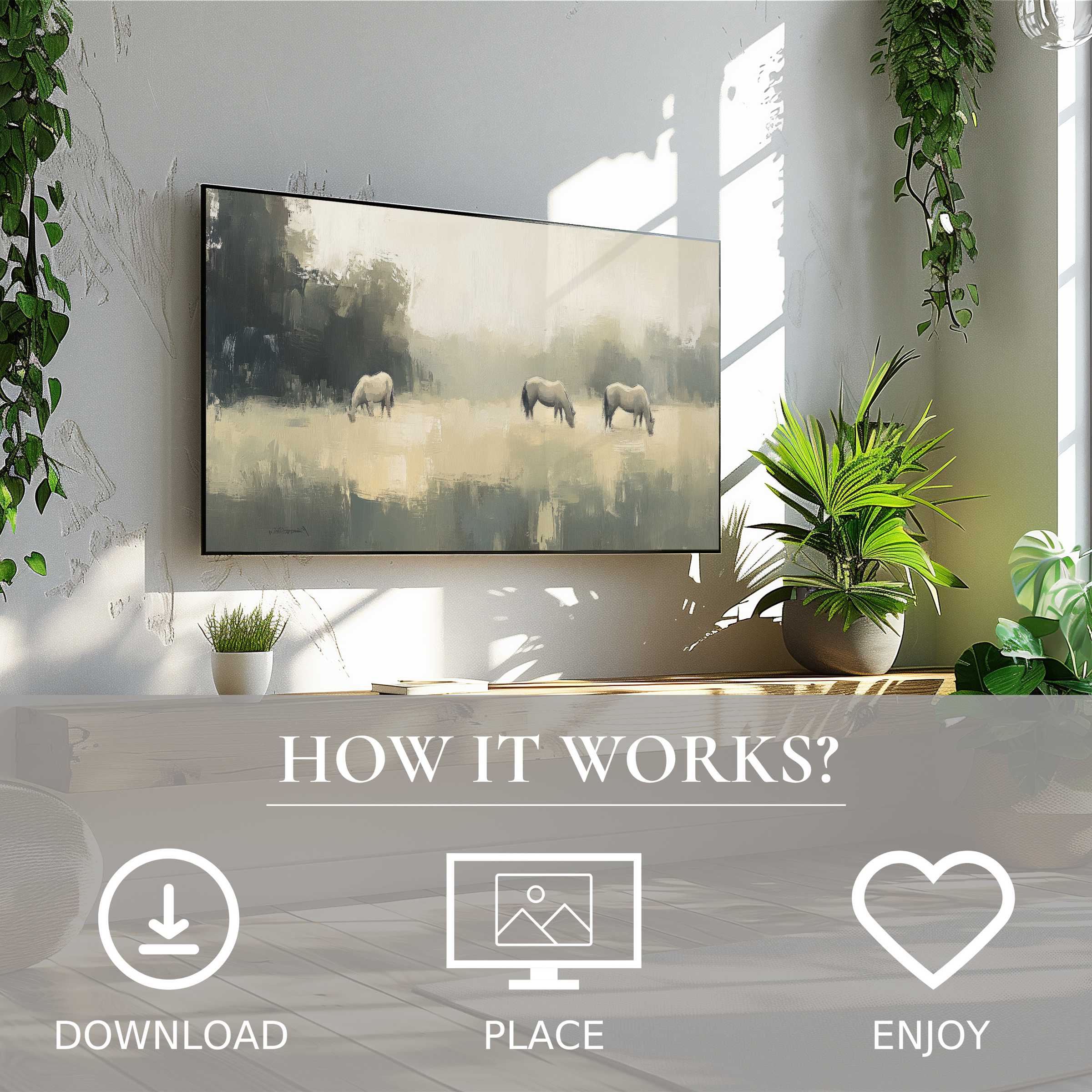 Vintage art for Samsung TV: soft muted tones with grazing horses, easy digital download enriches modern living spaces