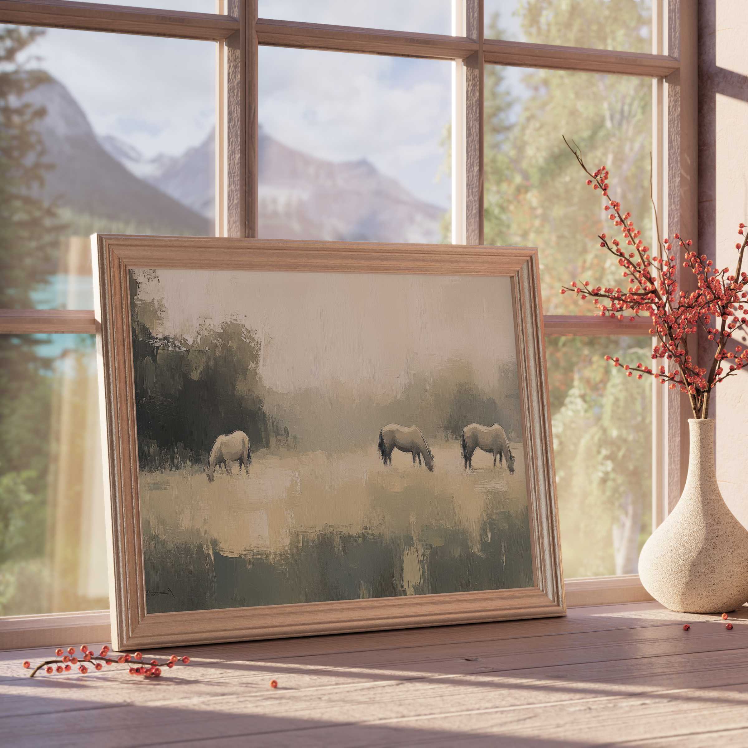 Vintage downloadable art capturing serene wild horses in muted earth tones, perfect for elevating calm, curated luxury interiors