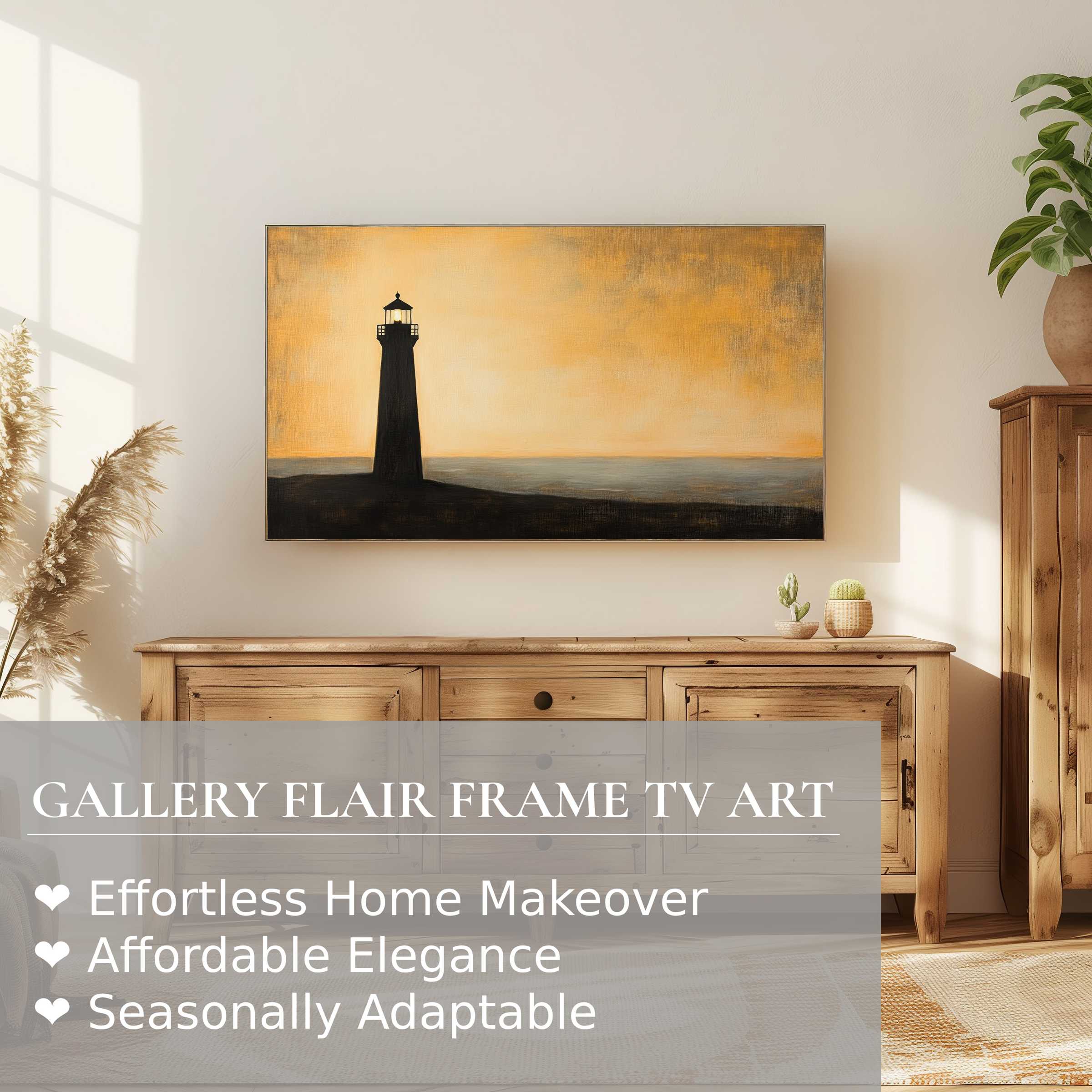 Samsung Frame TV displaying minimalist digital artwork of a serene lighthouse silhouette in warm tones, perfect for elegant decor