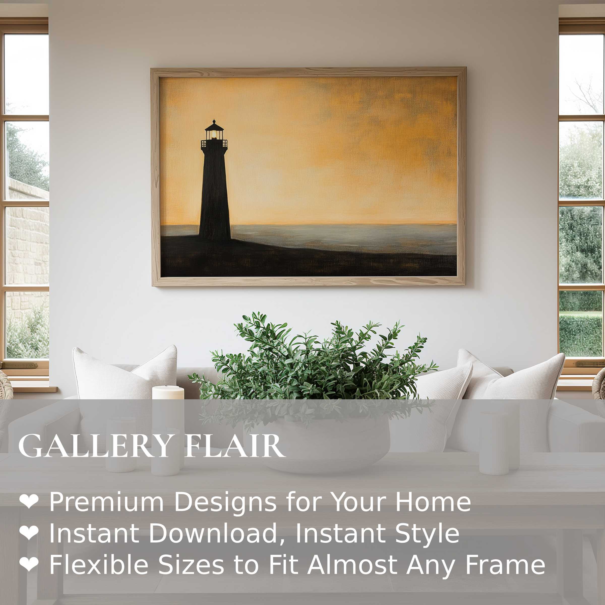 Minimalist wall art print of a serene lighthouse silhouette at sunset, enhancing modern coastal interiors with calming, warm tones