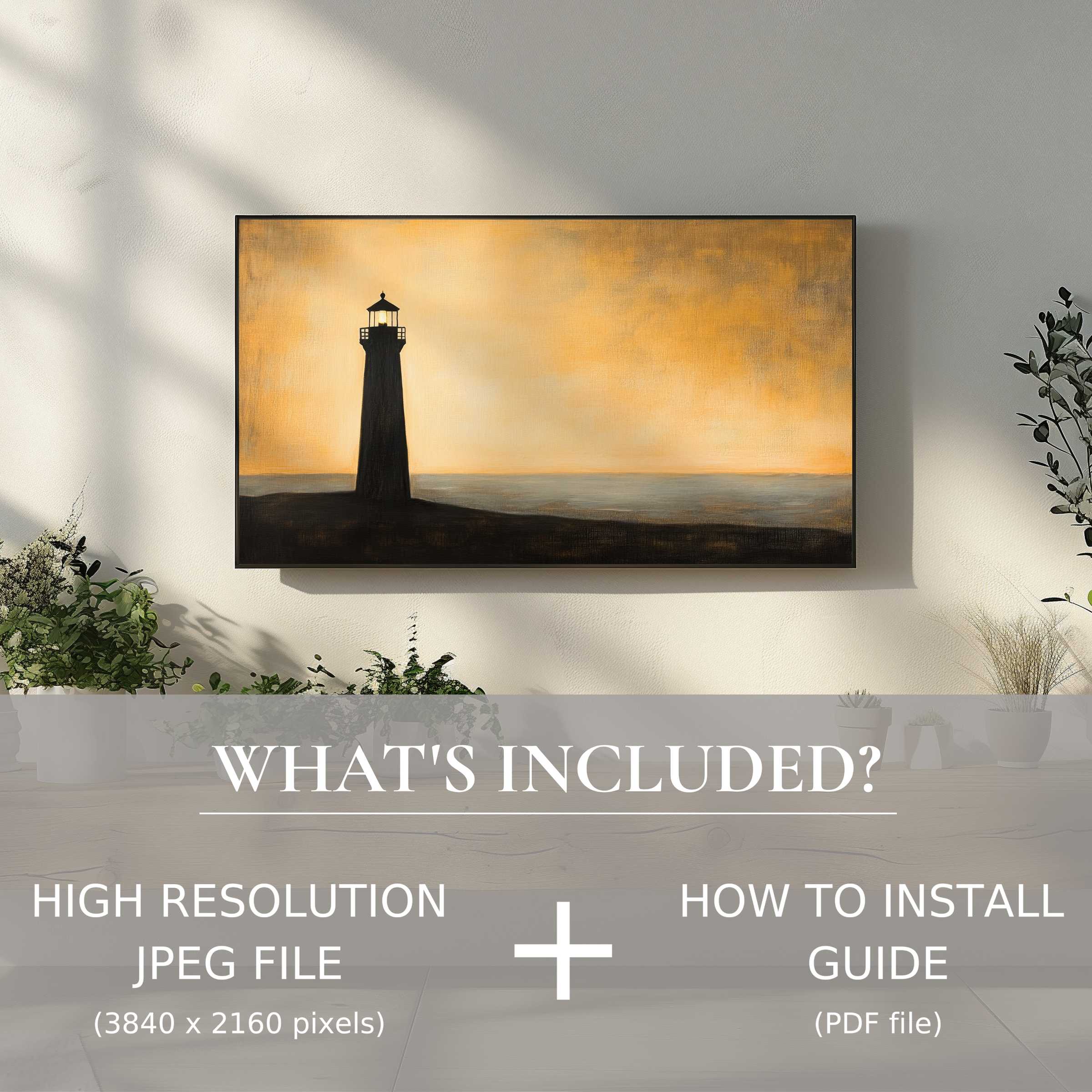 Minimalist digital TV art download of lighthouse at sunset, effortlessly enhancing your stylish living space with easy digital use