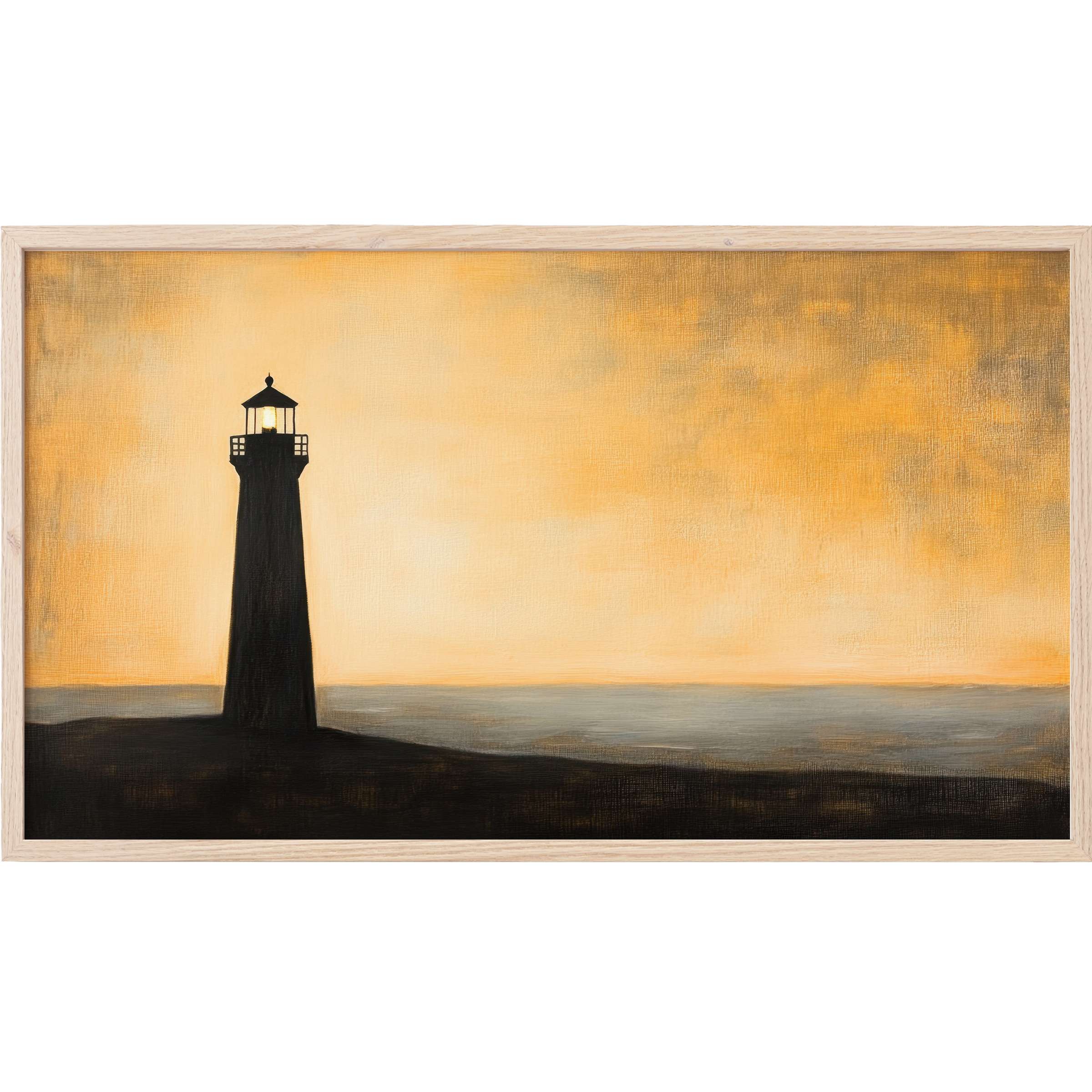 Minimalist Frame TV Art featuring a silhouetted lighthouse against a warm, textured golden sky at dusk