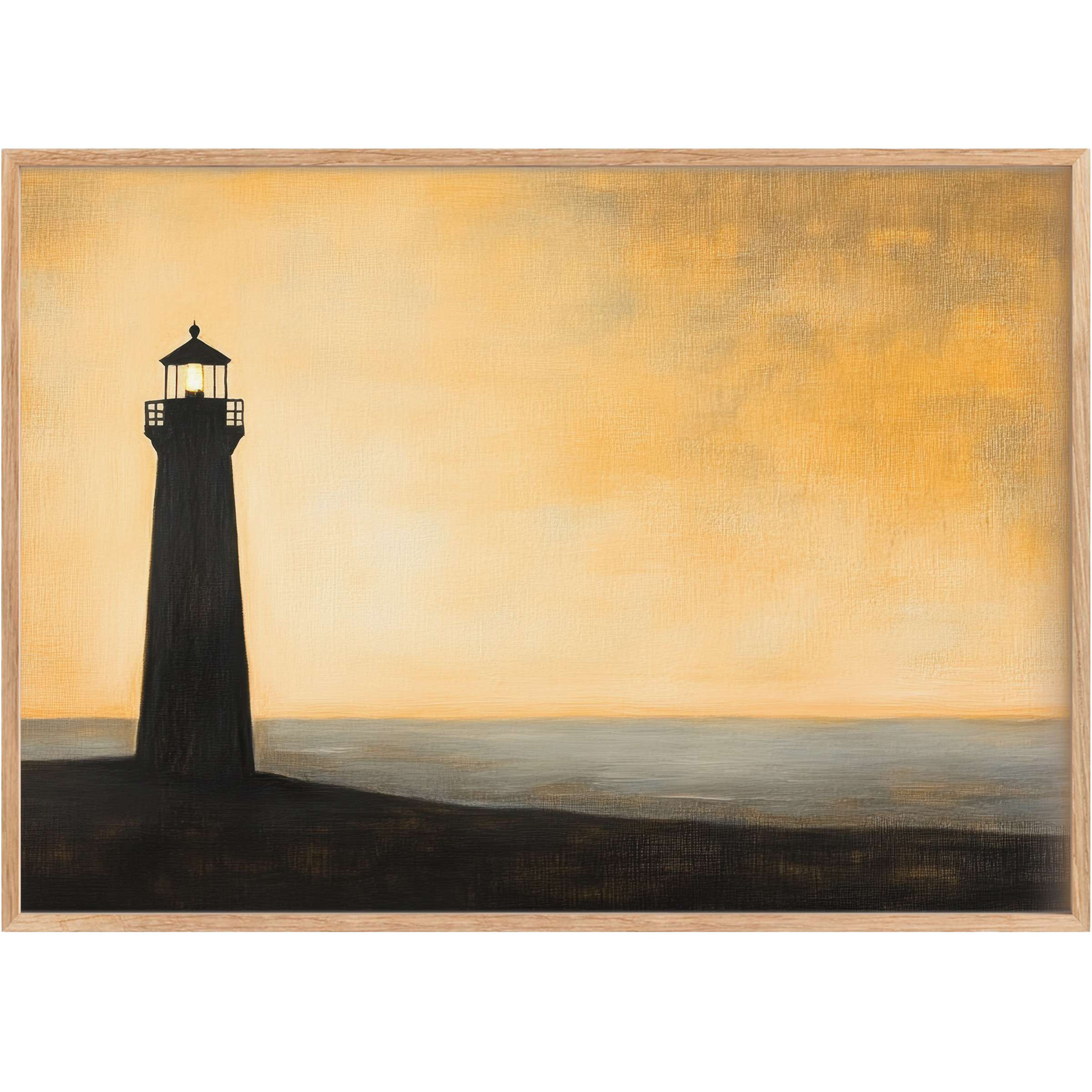 Minimalist printable wall art featuring a serene lighthouse silhouette at sunset, evoking warm, tranquil amber tones