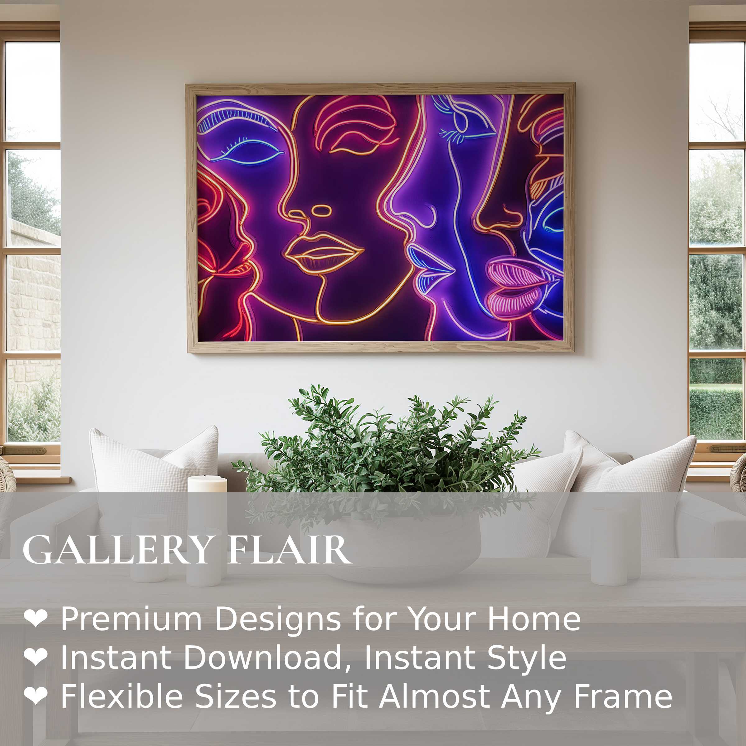 Vibrant pop art wall art print featuring neon line faces in radiant purples and pinks, elevating a modern minimalist living room with bold, dynamic energy