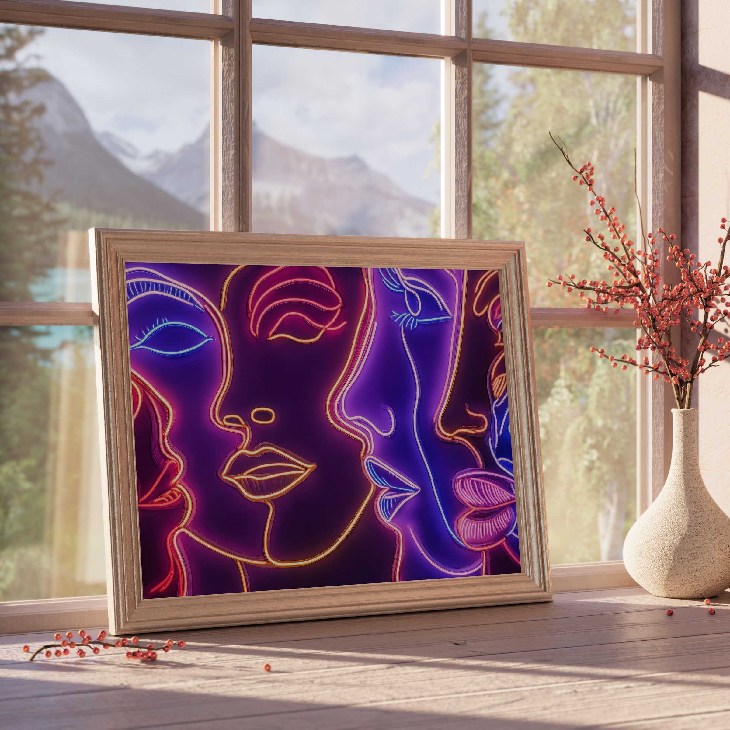 Vibrant pop art downloadable art of neon-hued abstract faces, elevating curated, tranquil interiors with bold, contemporary elegance