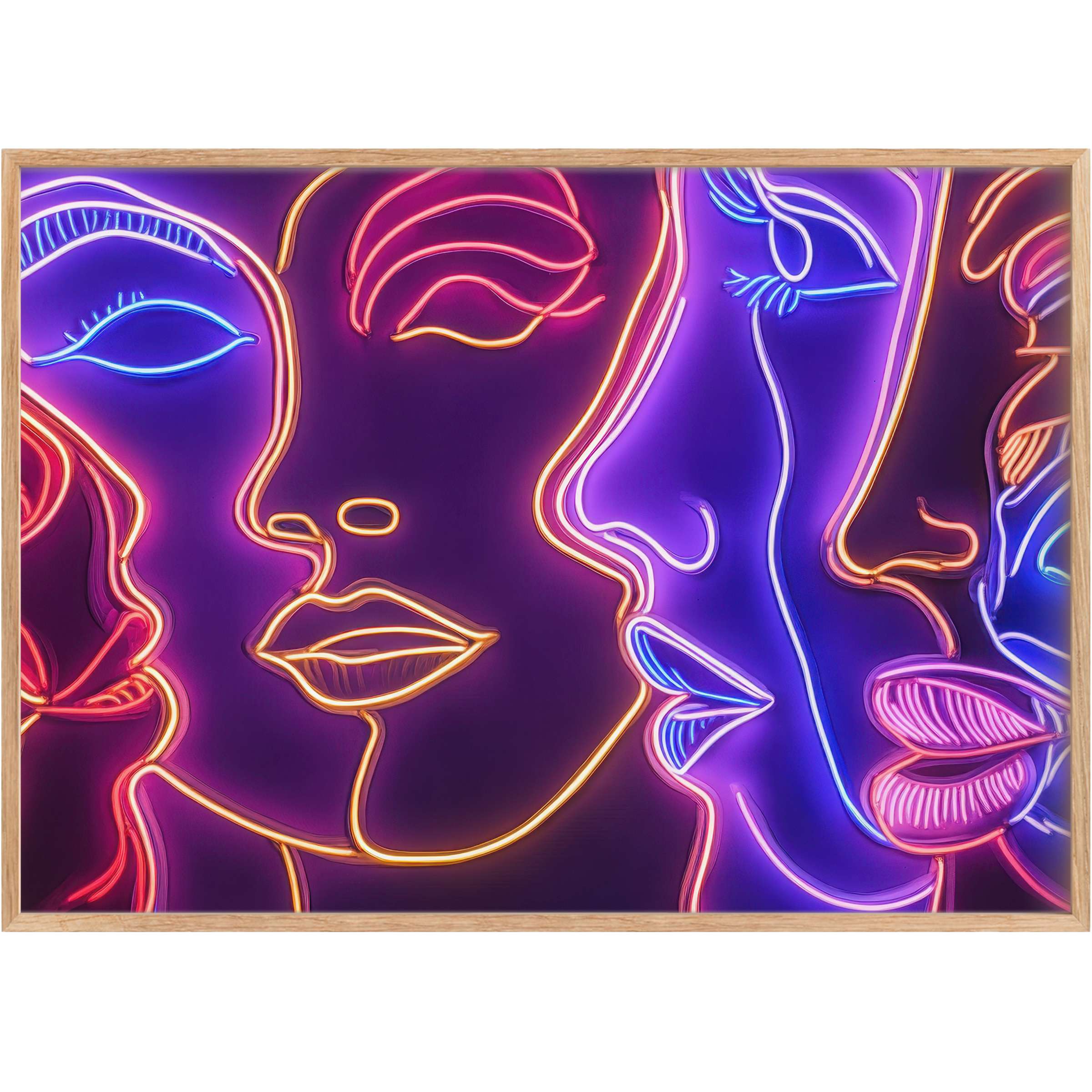 Bold pop art printable wall art with luminous neon profiles in rich purples and pinks, radiating vibrant, electric energy