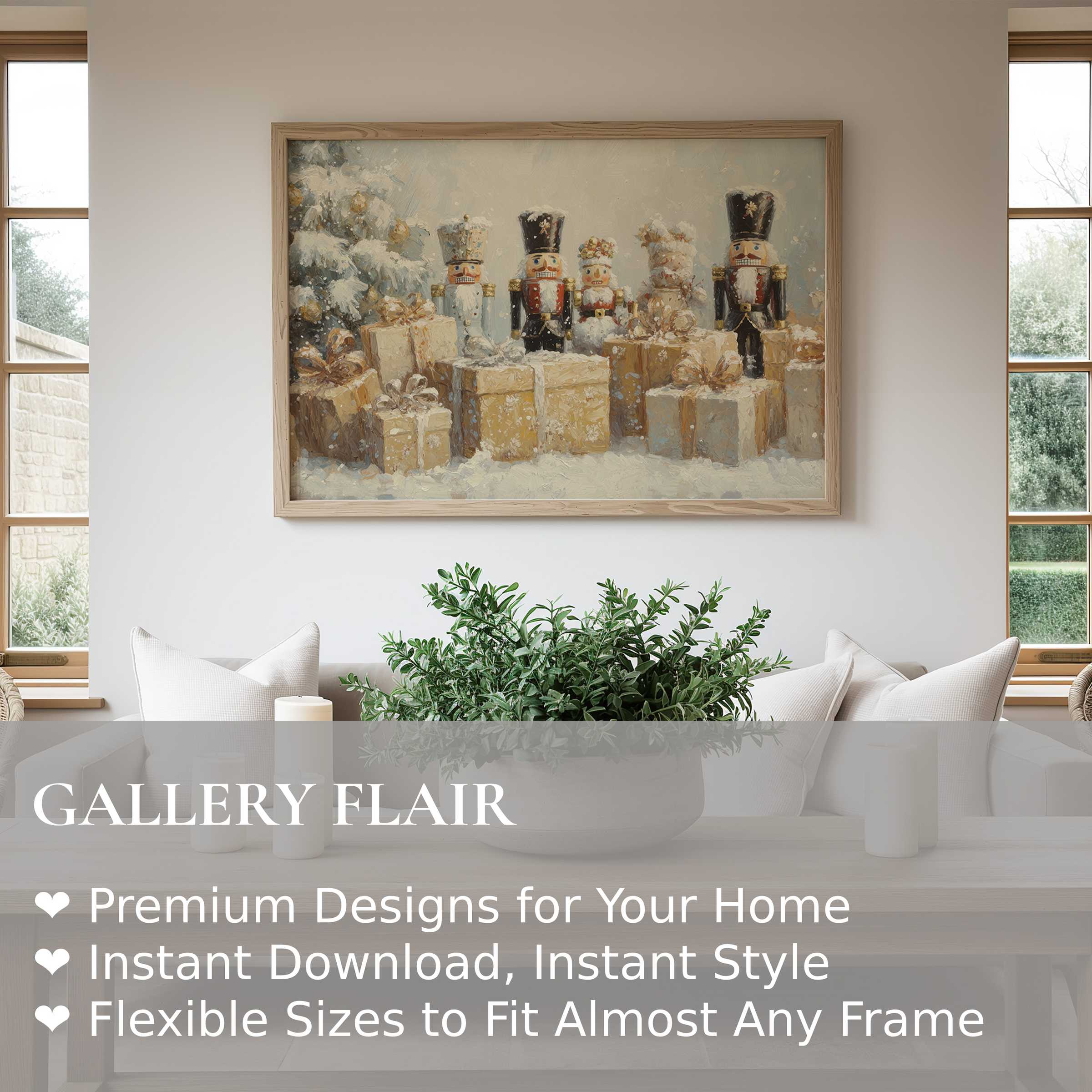 Christmas wall art print featuring elegant nutcracker soldiers and wrapped gifts in soft, snowy hues, enhancing serene modern farmhouse interiors with festive charm and warmth