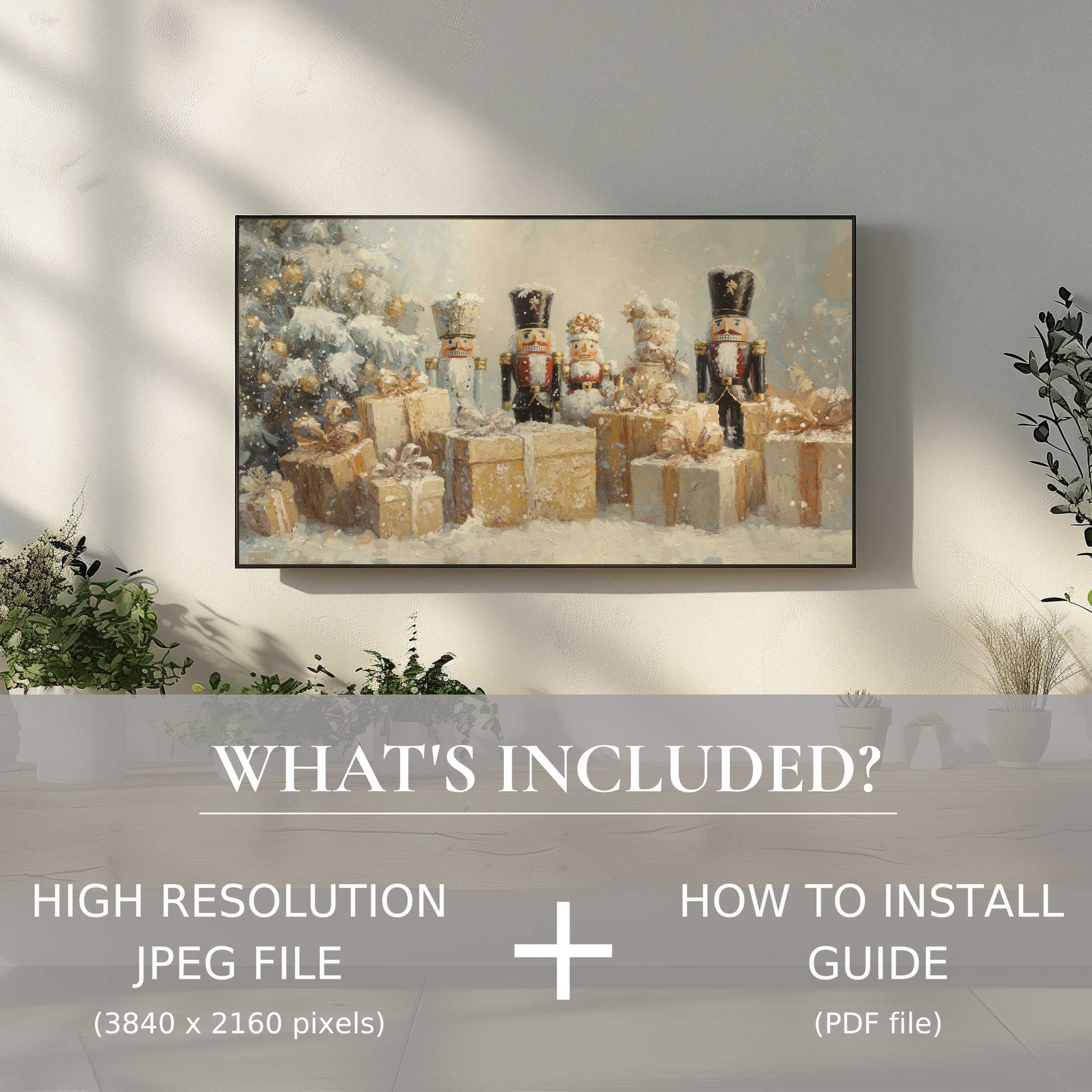 Elegant Christmas digital TV art download showing nutcrackers and gifts, effortlessly enhancing modern living spaces