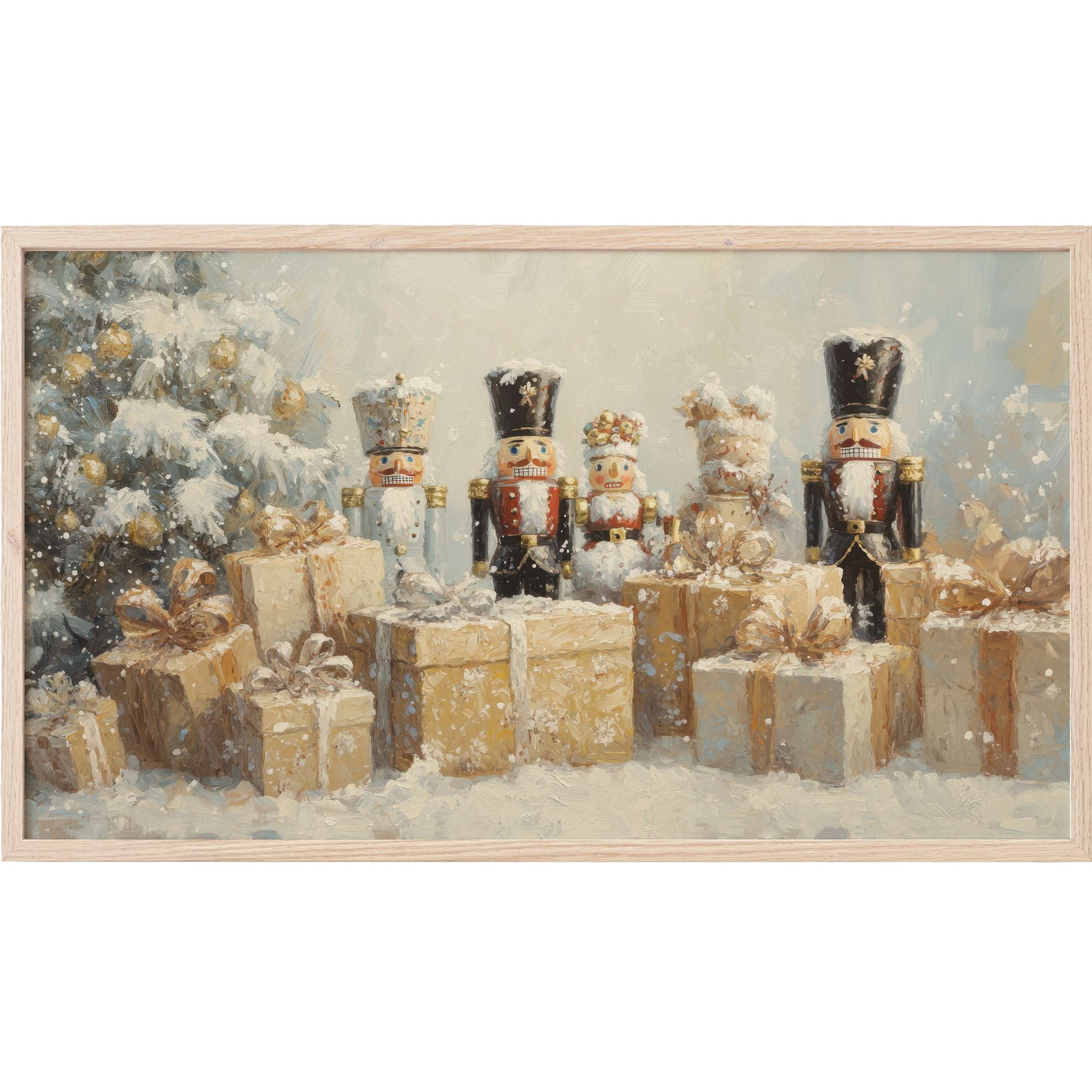Elegant christmas Frame TV Art with muted gold gifts, classic nutcrackers, and soft snowy winter hues in a painterly style