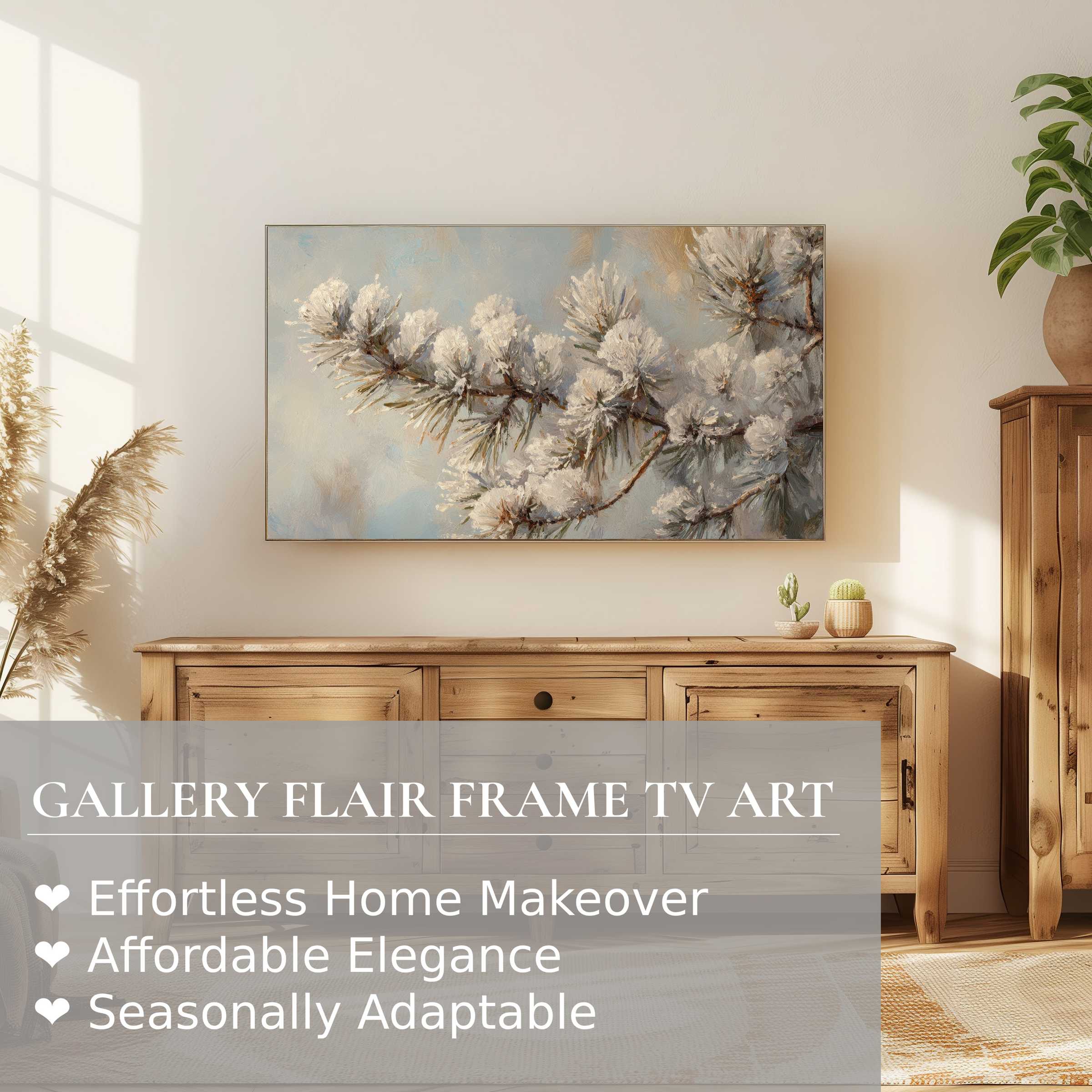 Samsung Frame TV displaying serene winter digital artwork of frosted pine branches in a modern, elegant living space
