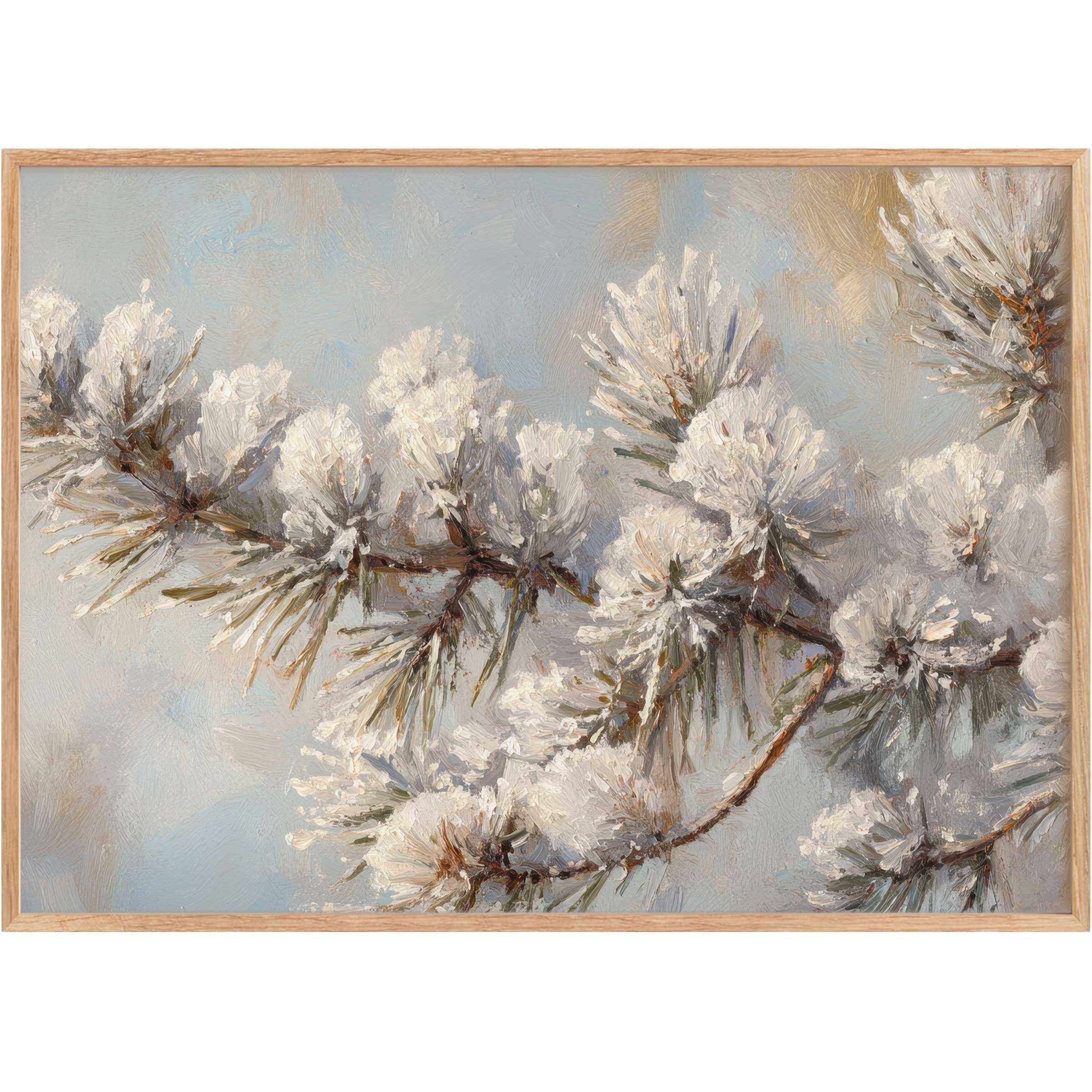 Winter printable wall art capturing snow-dusted pine branches in soft blues and muted browns, evoking serene, elegant calm