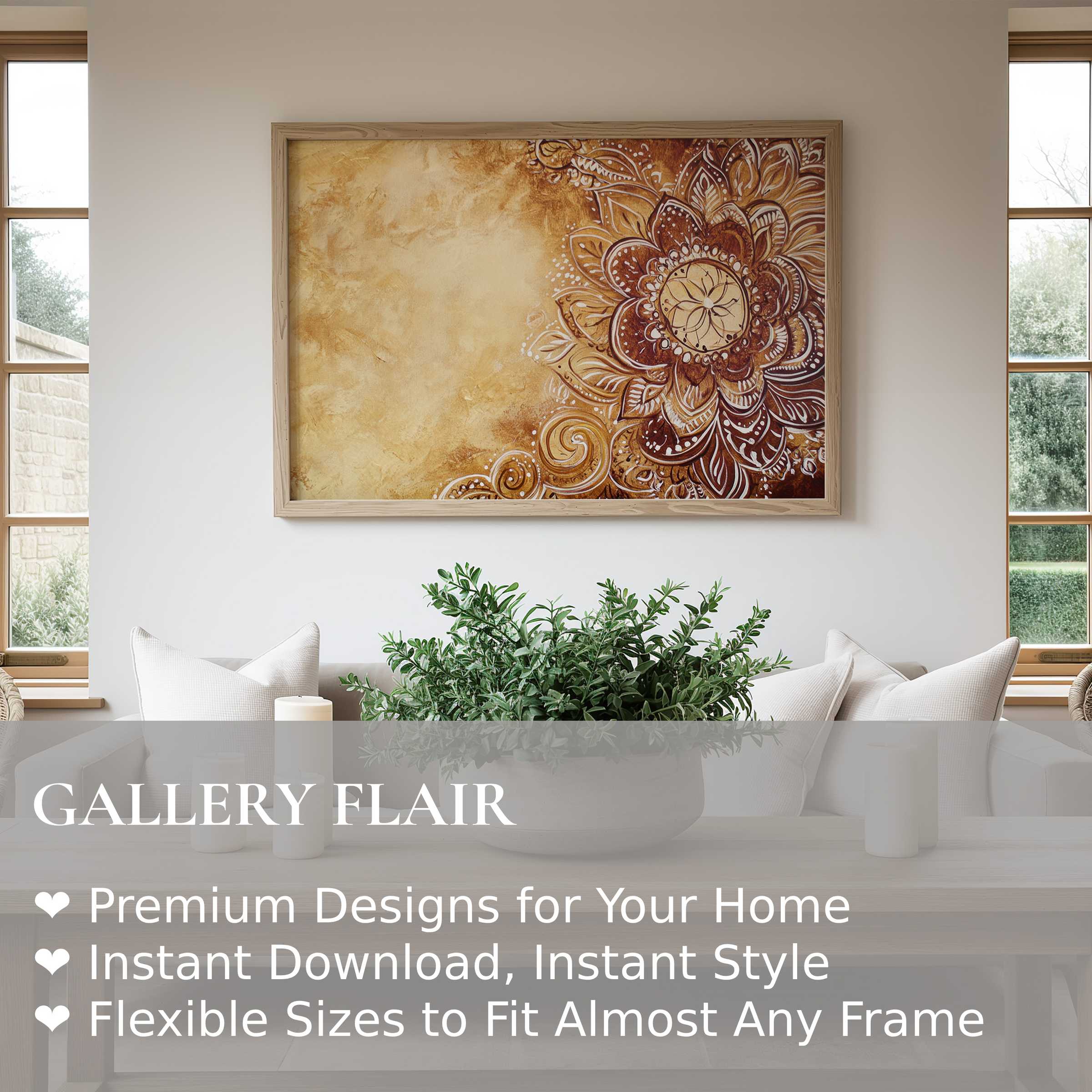 Boho wall art print featuring warm terracotta mandala details, adding radiant, earthy charm to a modern, serene living space