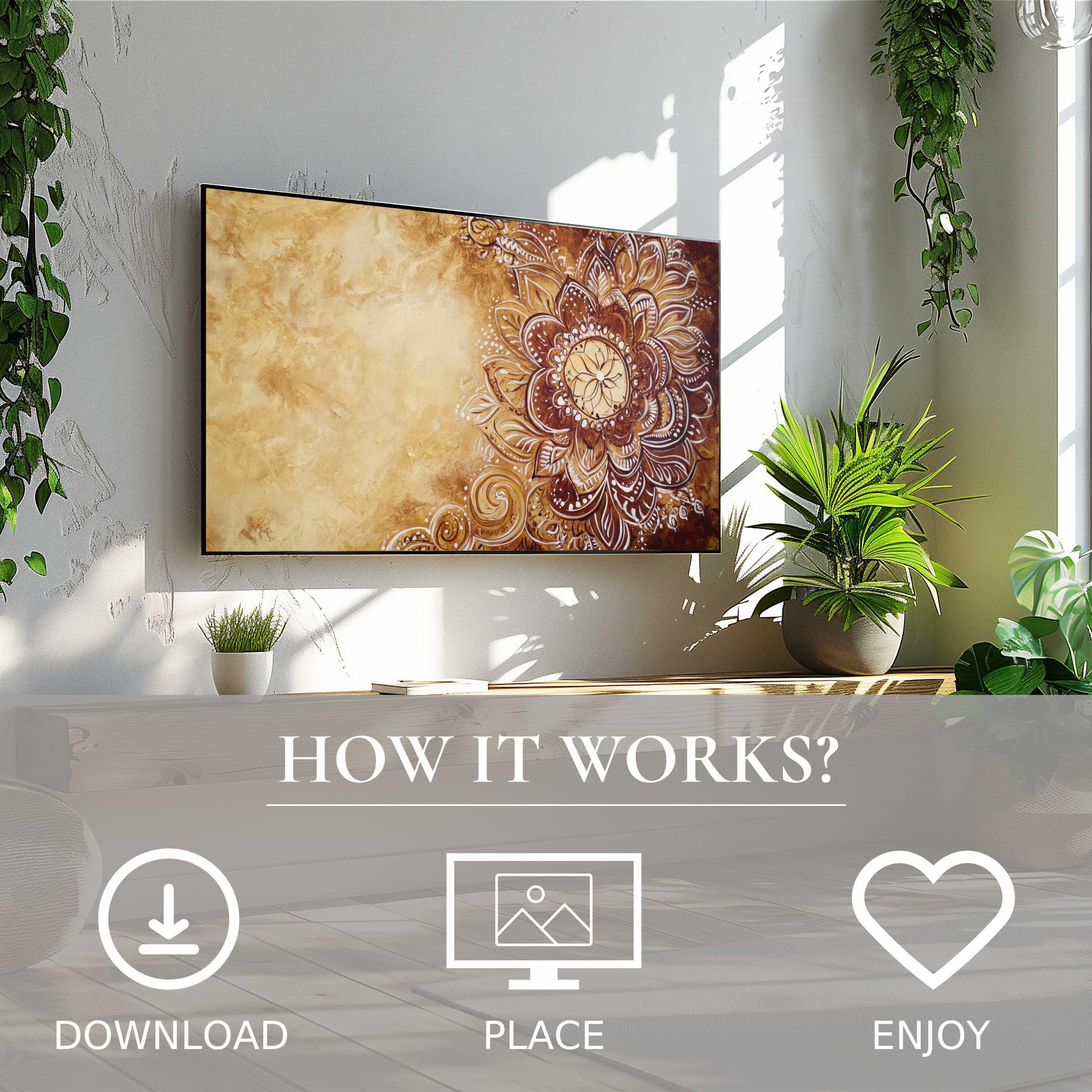 Boho art for Samsung TV with warm abstract floral motif, easy digital download enriches modern living spaces