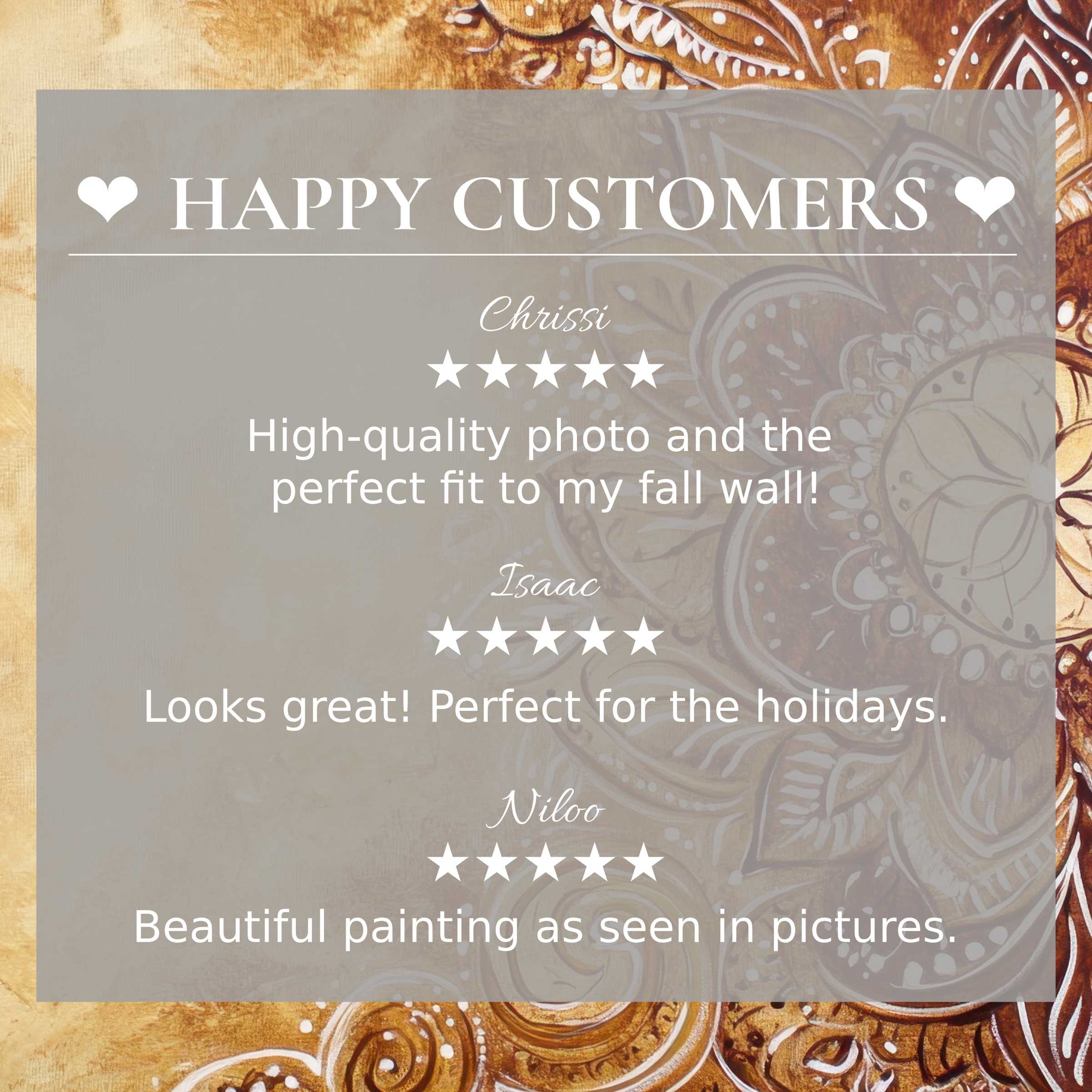 Boho art for Frame TV with abstract sunset tones, showcasing happy customer reviews and elegant product trust