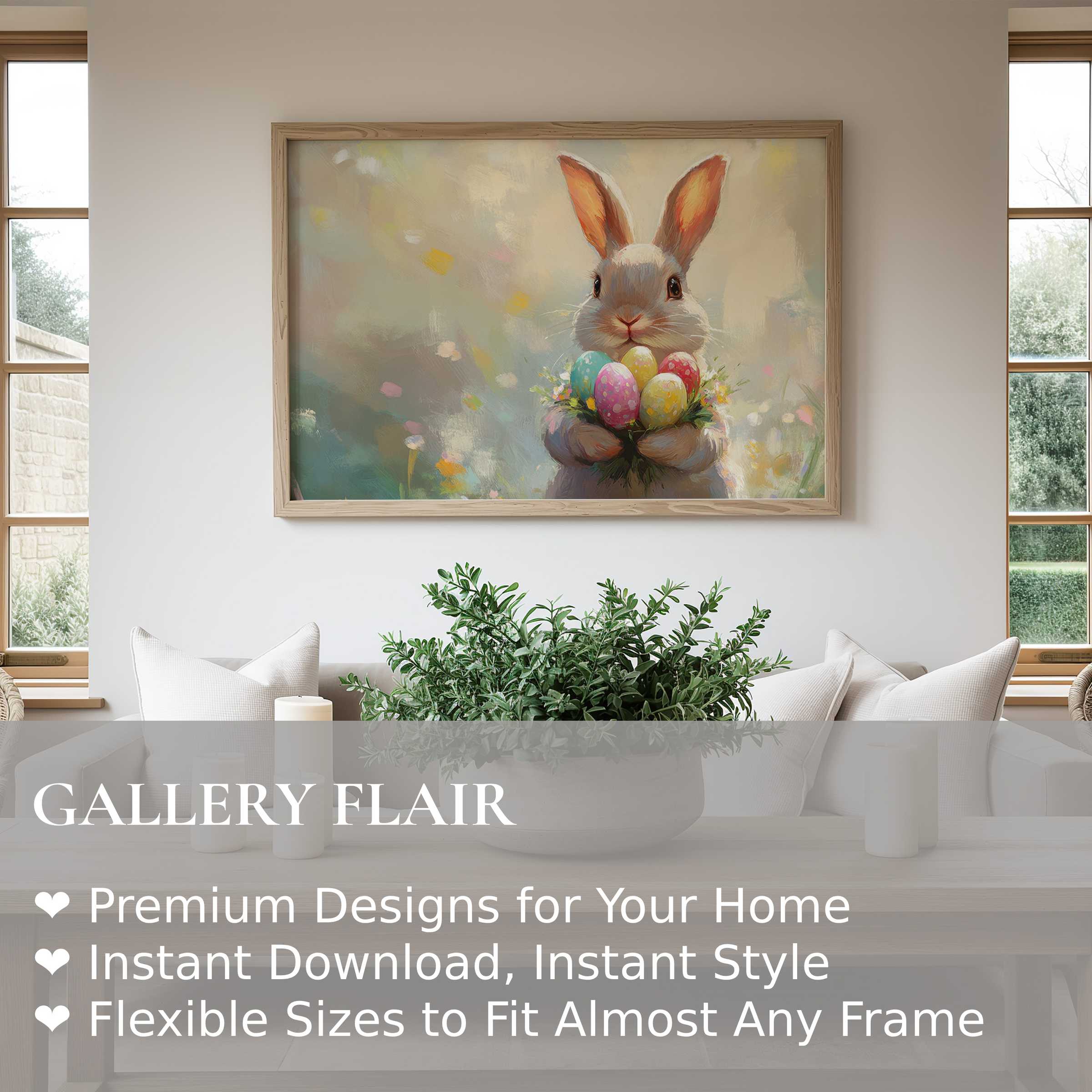 Easter wall art print featuring a radiant, soft-hued bunny with colorful eggs; elevates modern, serene living spaces