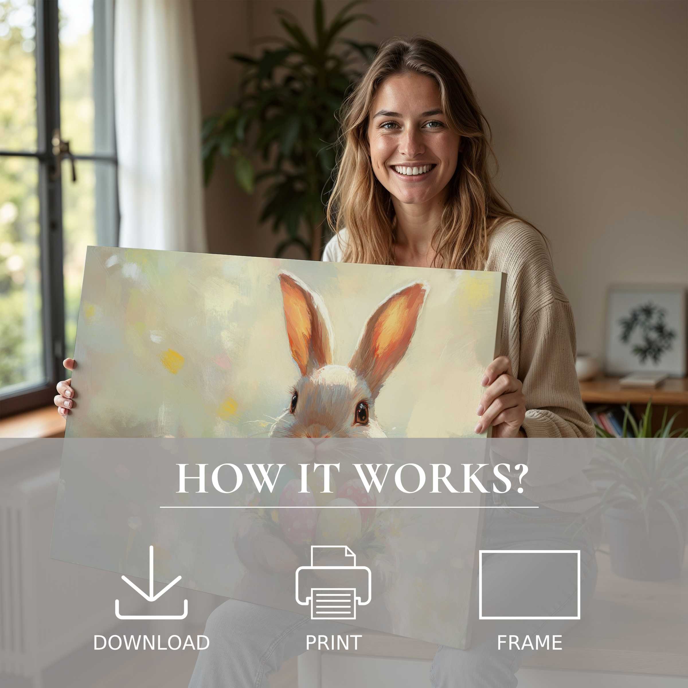 A serene moment of joy in a modern home, celebrating the ease and elegance of the Easter digital art print