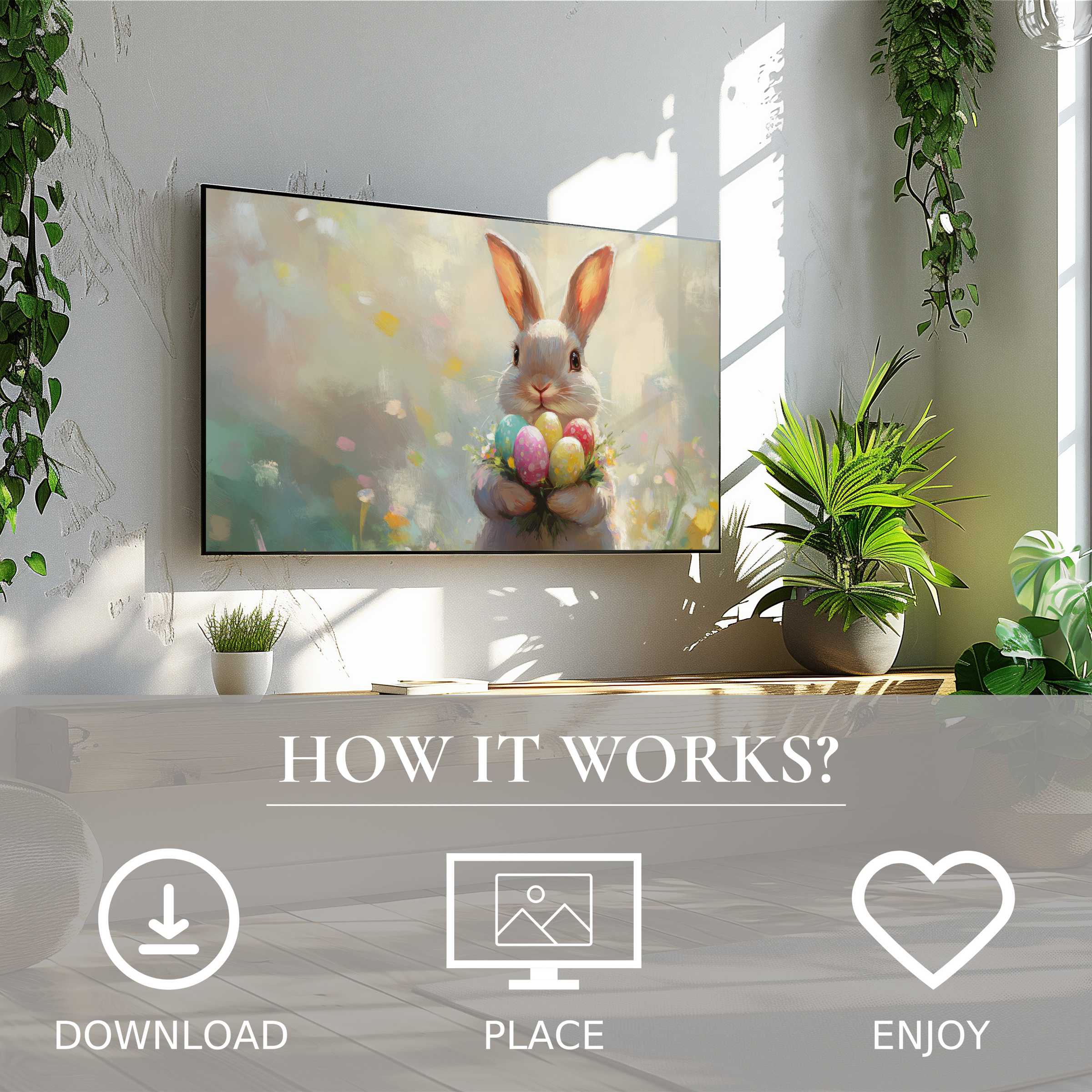 Bright living room with easter art for Samsung TV, soft pastel bunny motif; easy digital download enriches space