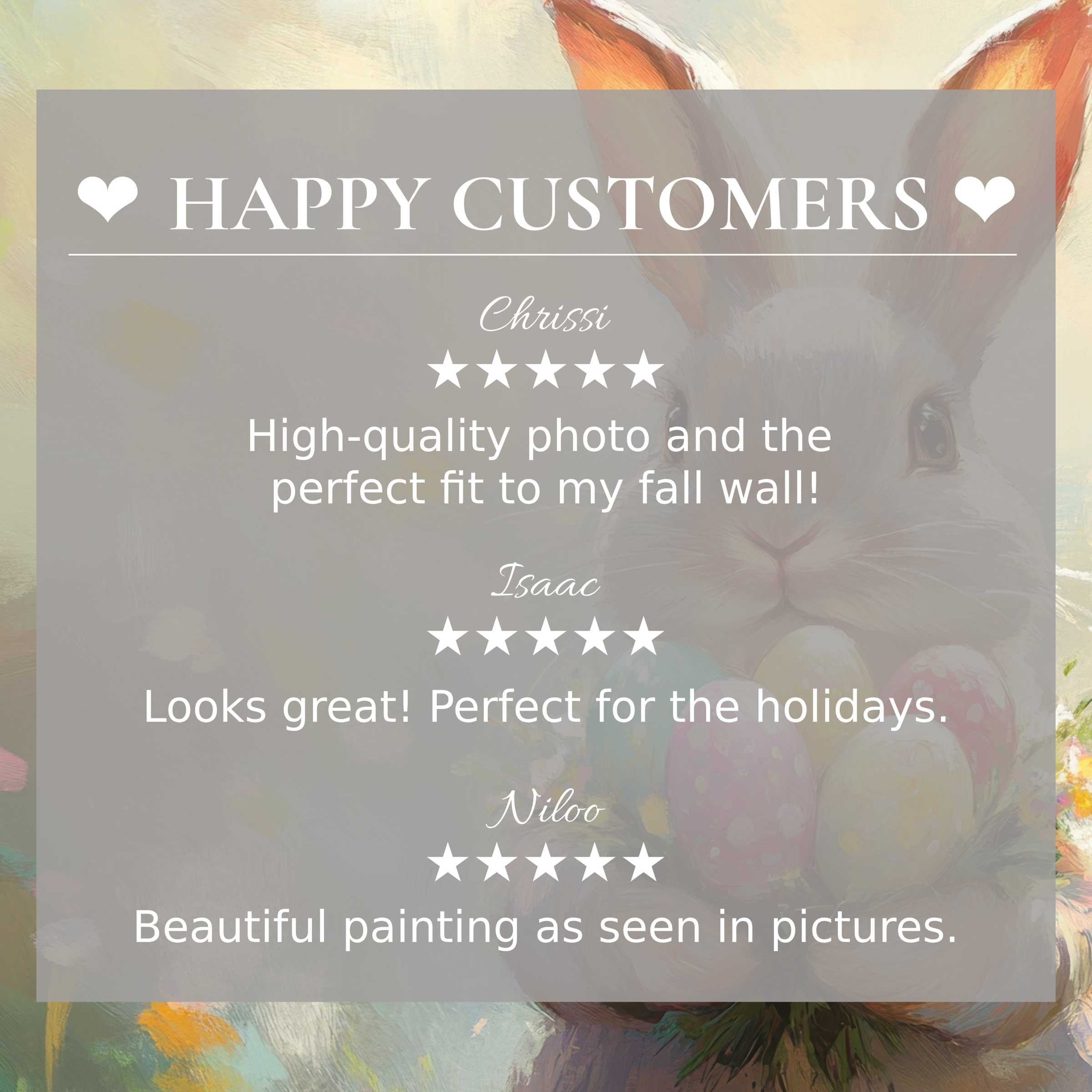 Elegant easter art for Frame TV with soft pastel bunny background, showcasing happy customer reviews for trust and style