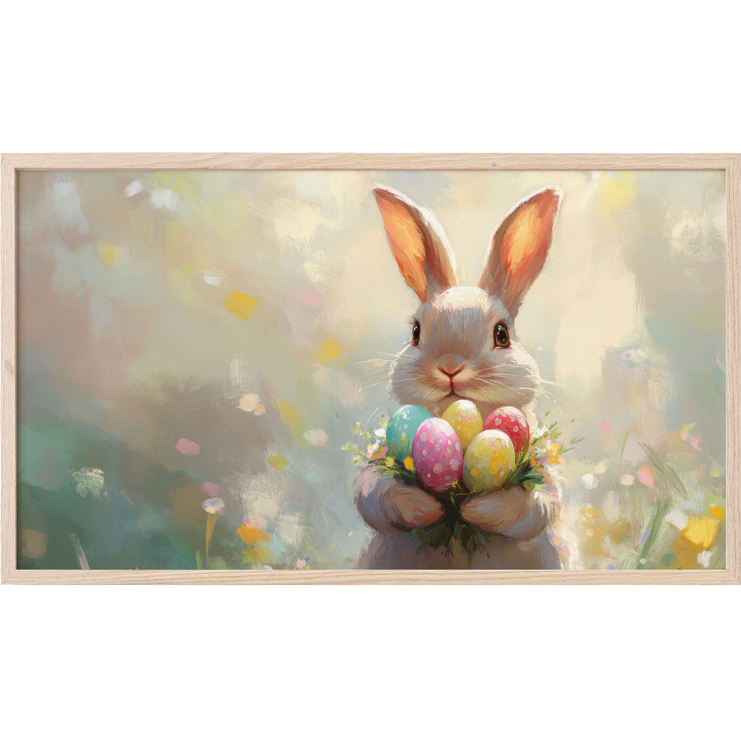 Charming bunny with pastel Easter eggs in soft, painterly hues, perfect easter Frame TV Art for stylish interiors