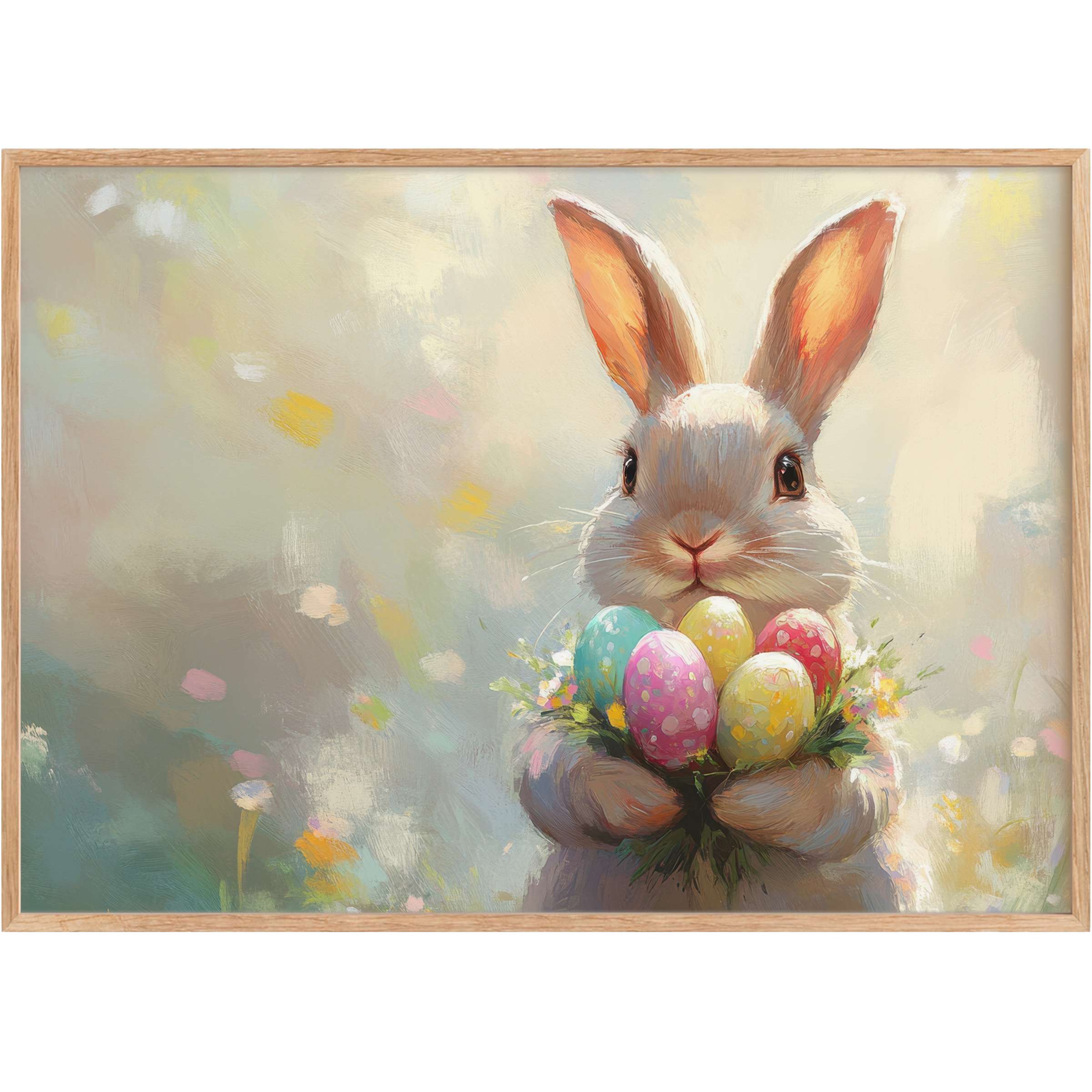Charming Easter printable wall art featuring a radiant bunny with pastel eggs, evoking warmth and joyful spring elegance