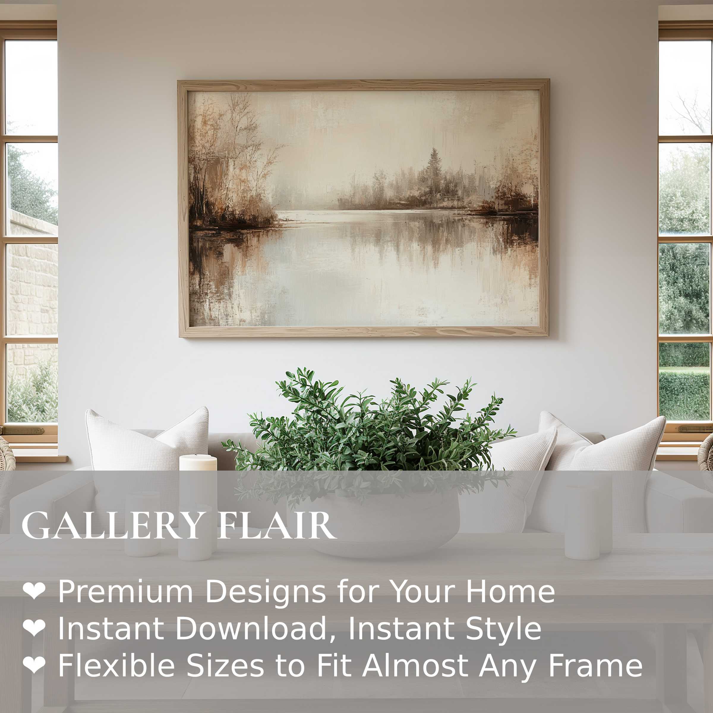 Elegant fall wall art print featuring a serene, muted autumnal landscape, enhancing modern minimalist interiors with calming warmth and natural tones