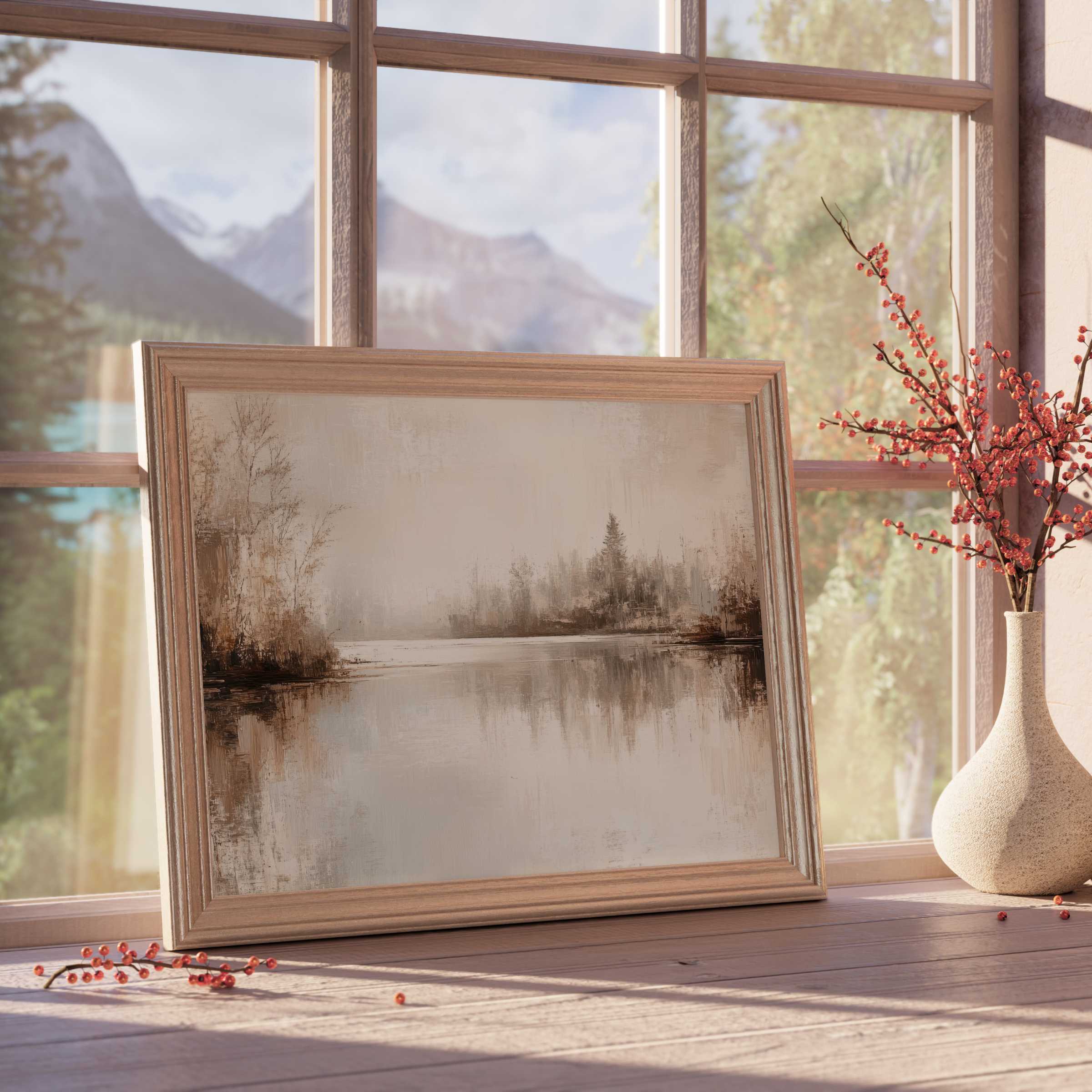 Serene fall downloadable art capturing misty lakeside reflections in warm neutrals, elevating tranquil, curated modern interiors