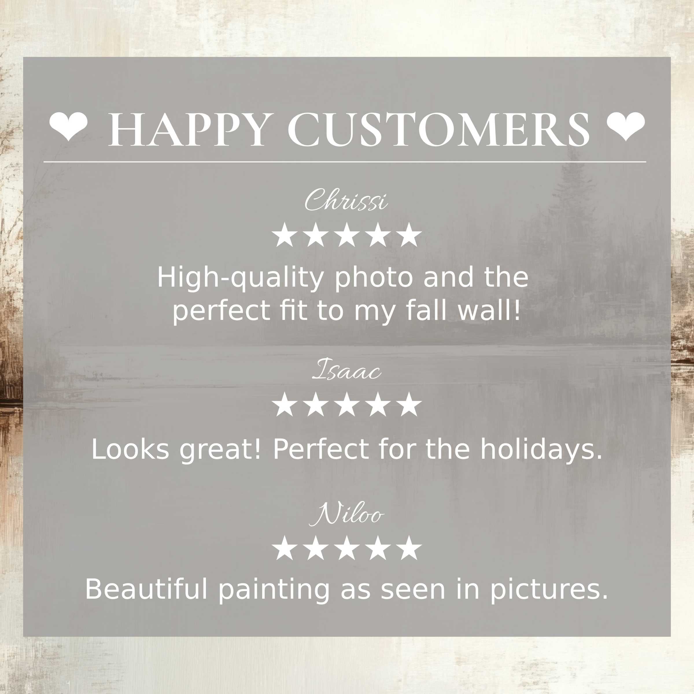 Elegant fall art for Frame TV with serene abstract sunset hues, showcasing reviews from happy customers to inspire trust