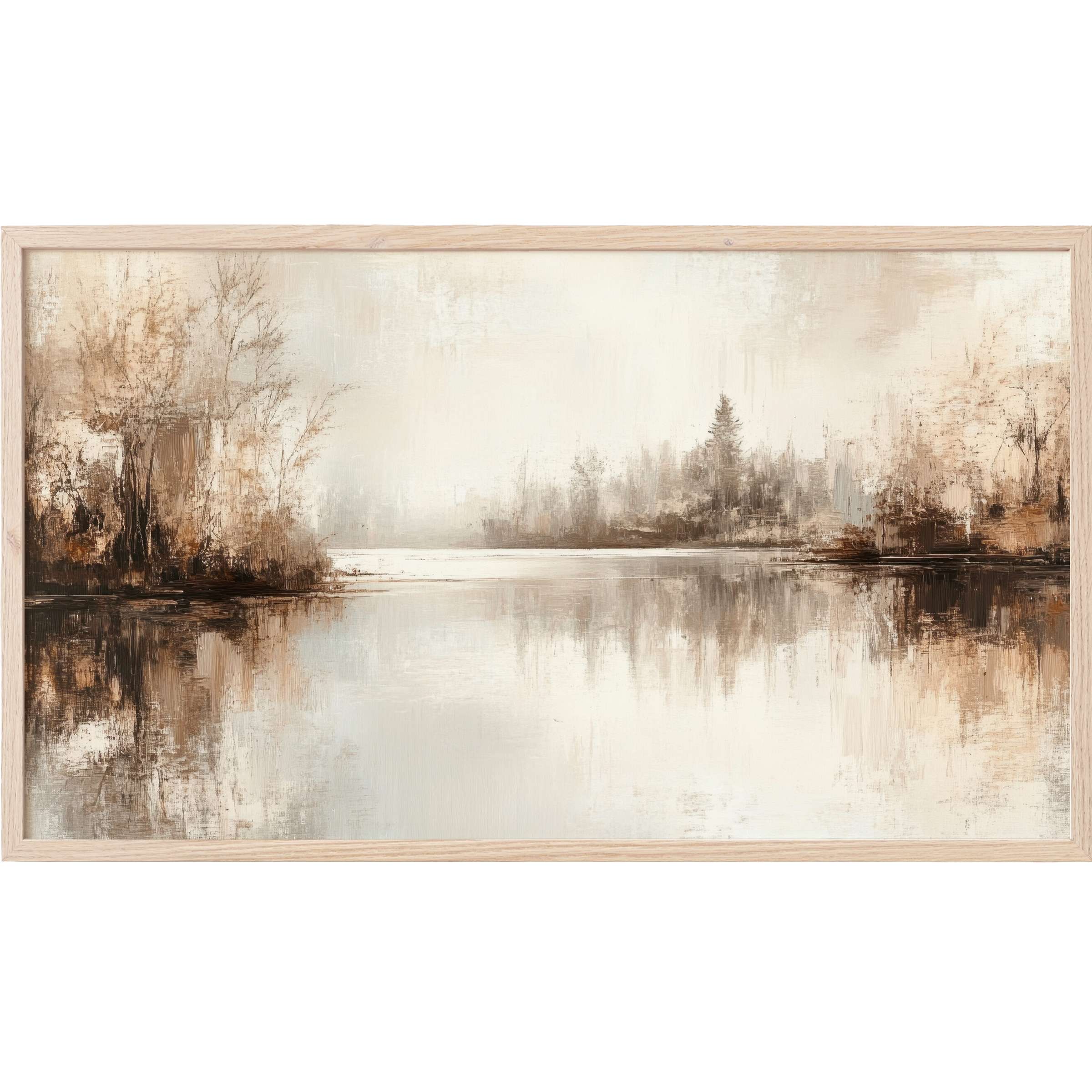 Fall Frame TV Art depicting a serene lake scene in soft browns and creams with a modern, textured style