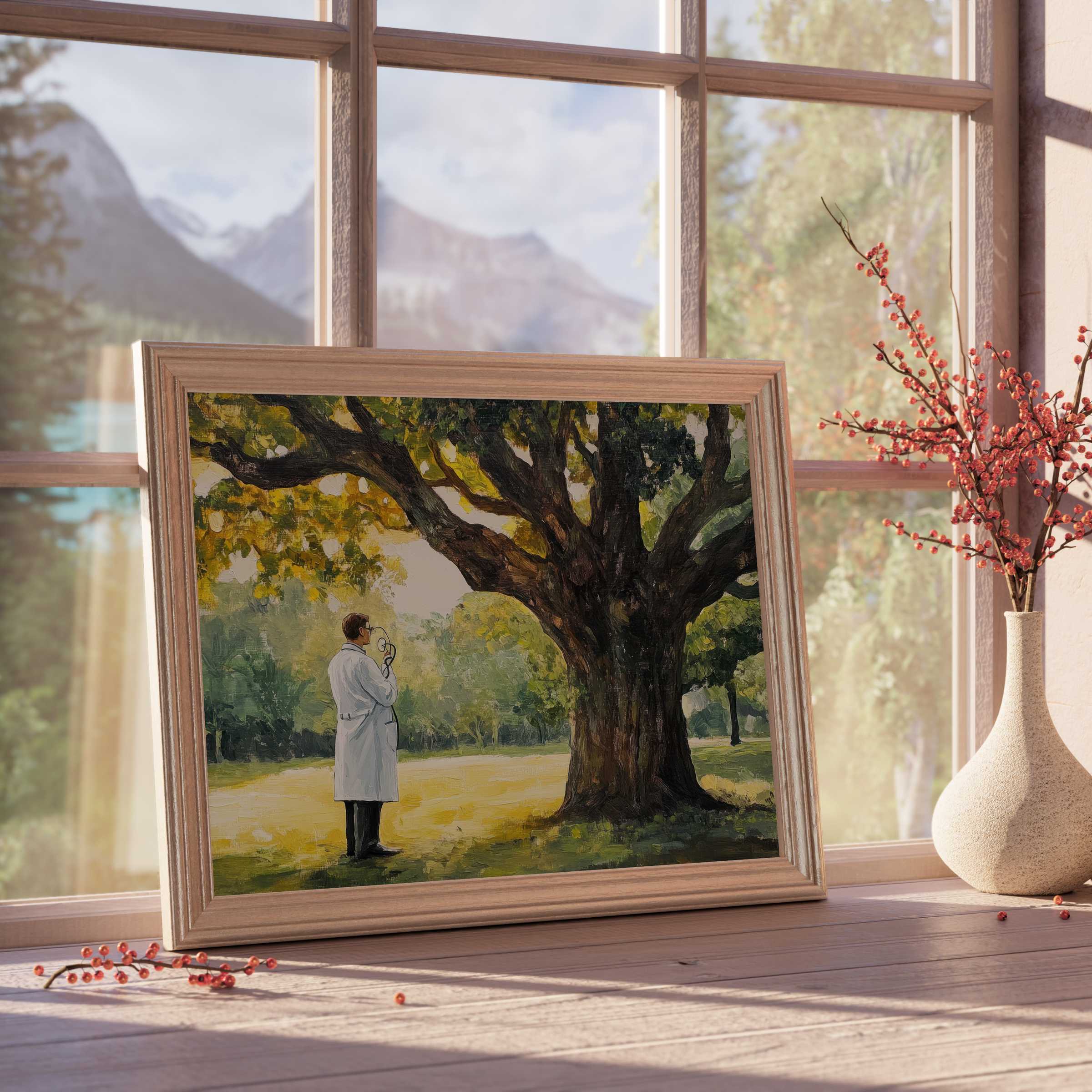 Serene street art downloadable art depicting a thoughtful figure beneath an ancient tree, enhancing tranquil, curated home interiors