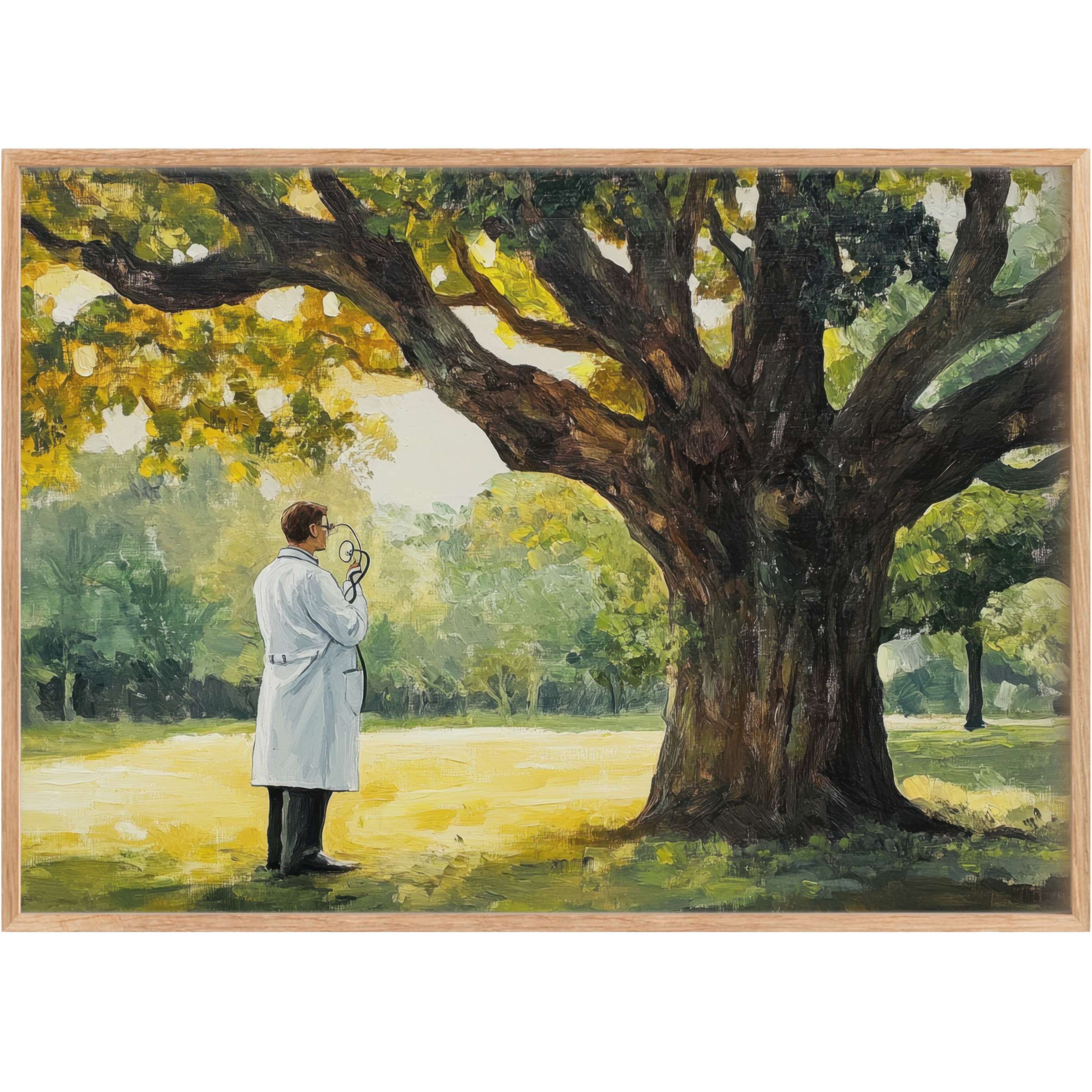 Contemplative street art printable wall art capturing a tranquil embrace of nature with warm golds and deep greens, evoking serene introspection