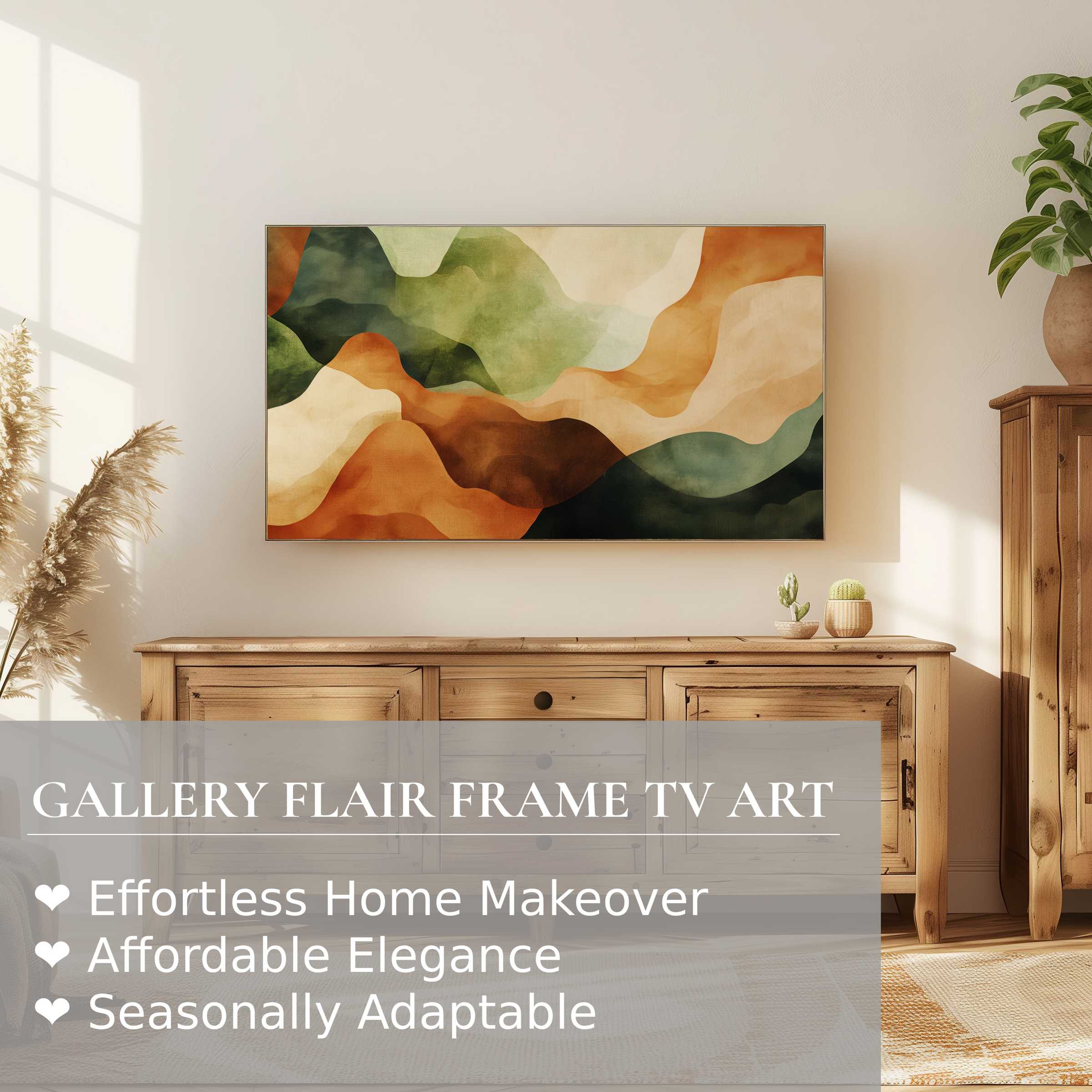 Samsung Frame TV displaying warm-toned abstract digital artwork in a sunlit, elegant, modern living space