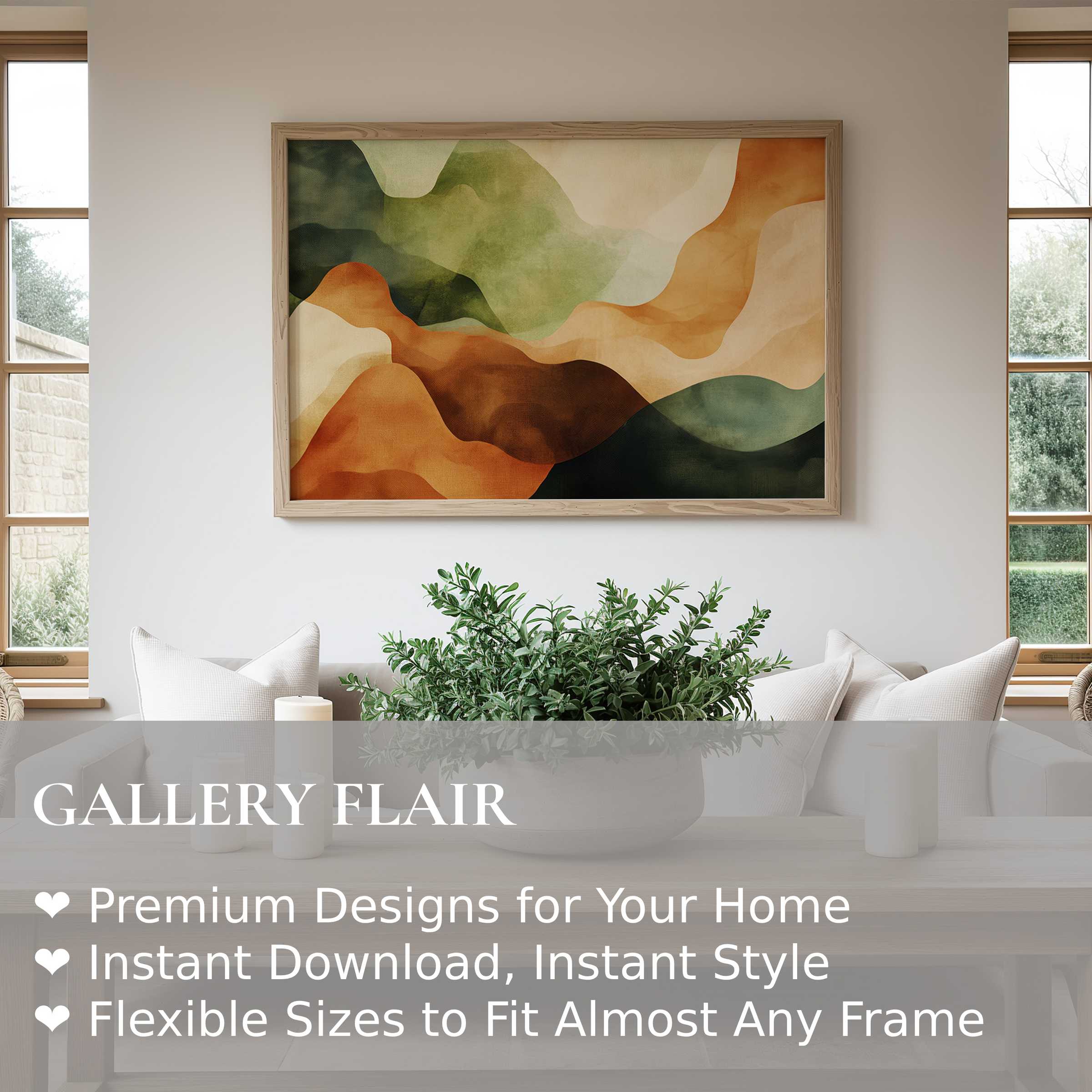 Abstract wall art print with earthy tones and flowing organic shapes, enhancing a modern, serene living room with natural elegance