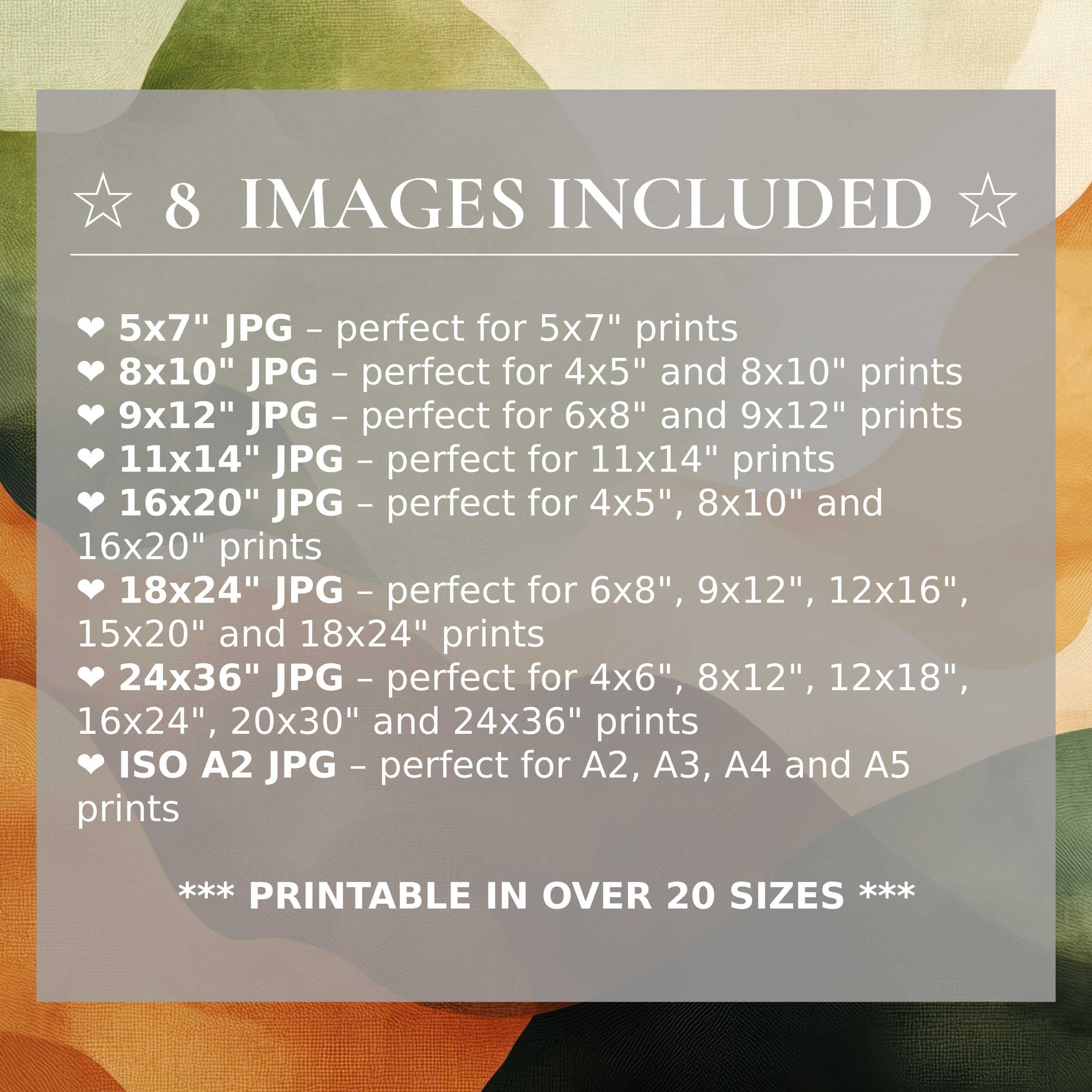 Radiant abstract digital print in earthy greens and warm ochres, elevating modern interiors with versatile style in 8 high-quality sizes included