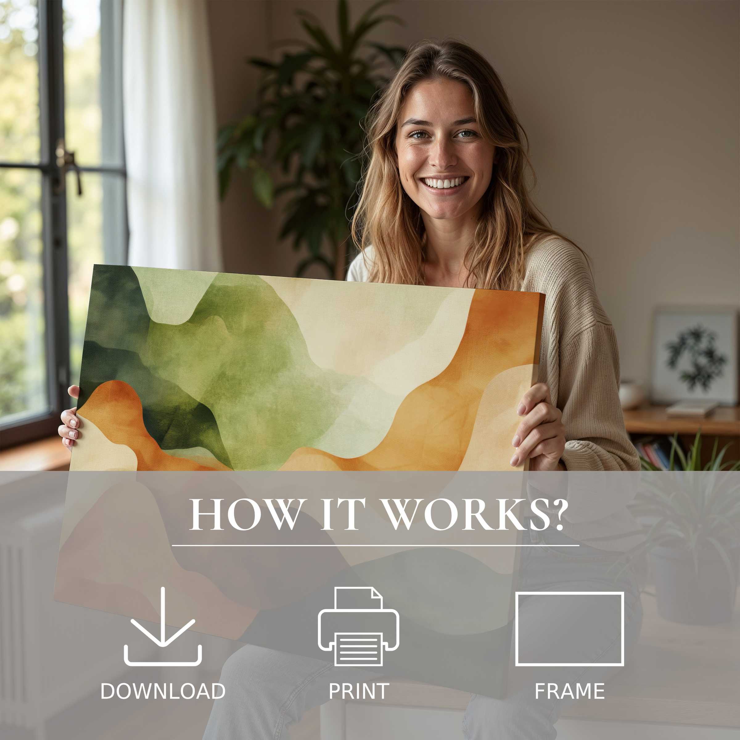 A joyful moment embracing abstract digital art print with calming earth tones, inspiring serene, effortless home elegance