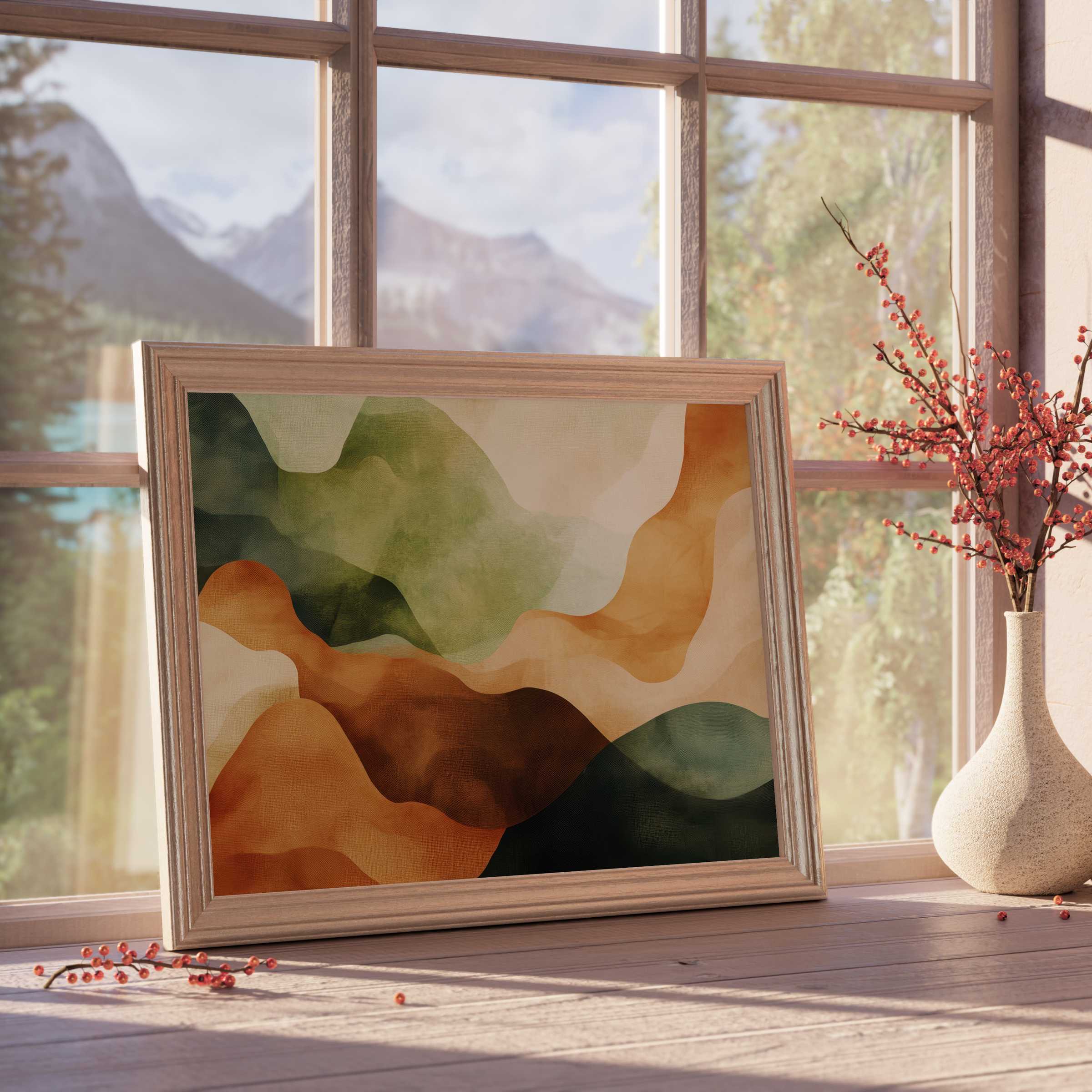 Abstract downloadable art in earthy tones blends warm terracotta and deep greens, creating a serene, curated ambiance for elegant, tranquil interiors