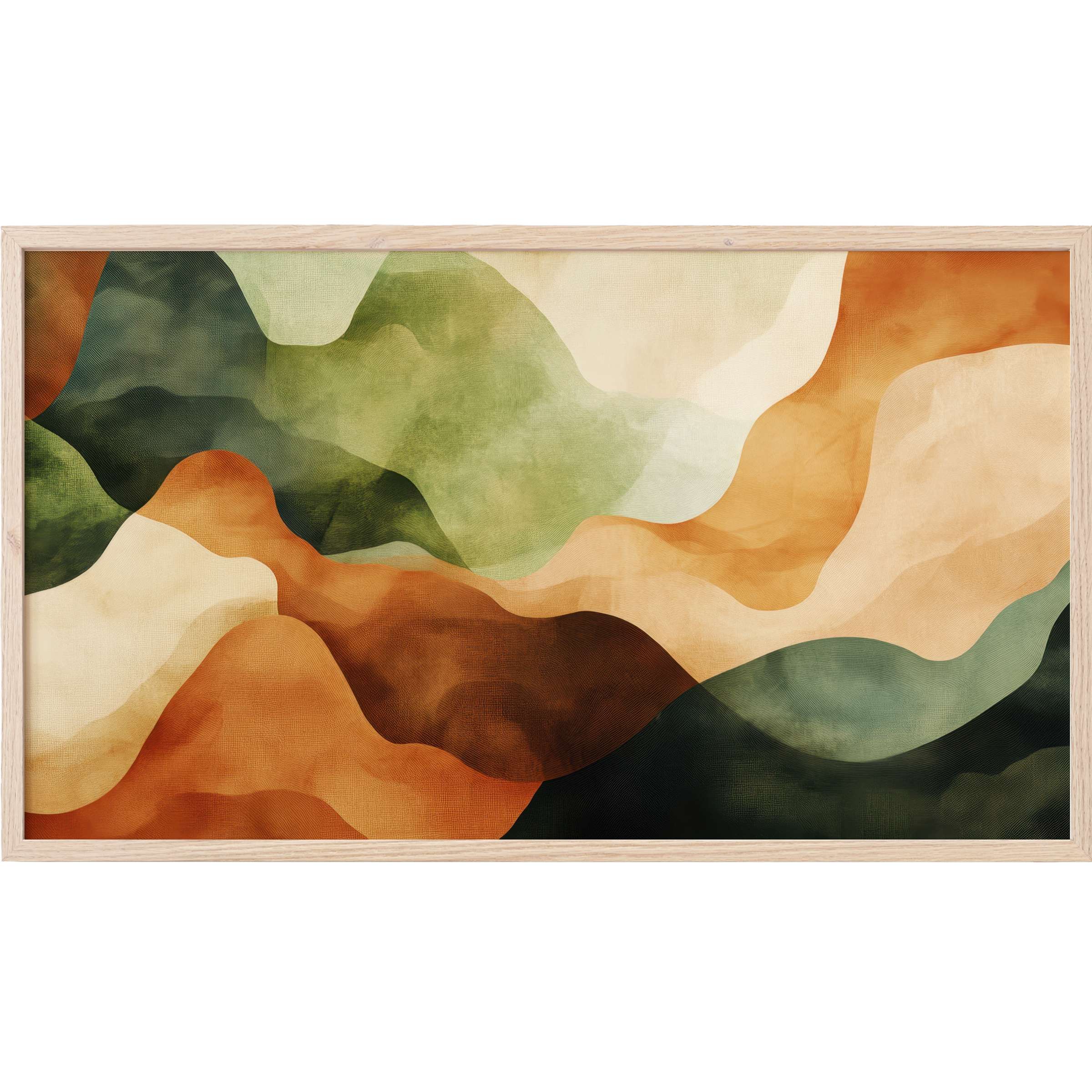 Abstract Frame TV Art with flowing earth tones of green, brown, and beige creating a serene, modern layered landscape