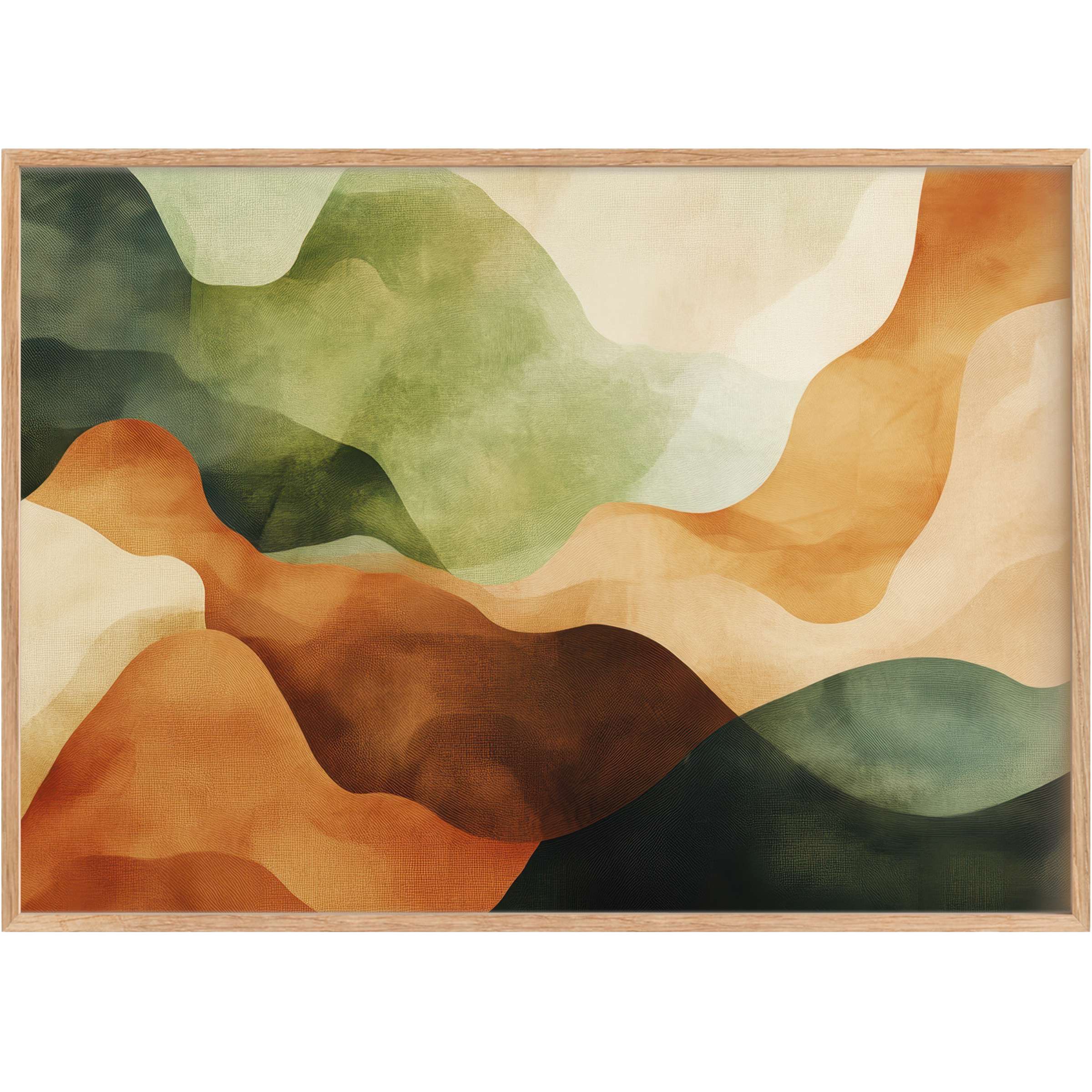 Earth-toned abstract printable wall art blending warm amber and verdant greens for a serene, grounded ambiance in modern spaces