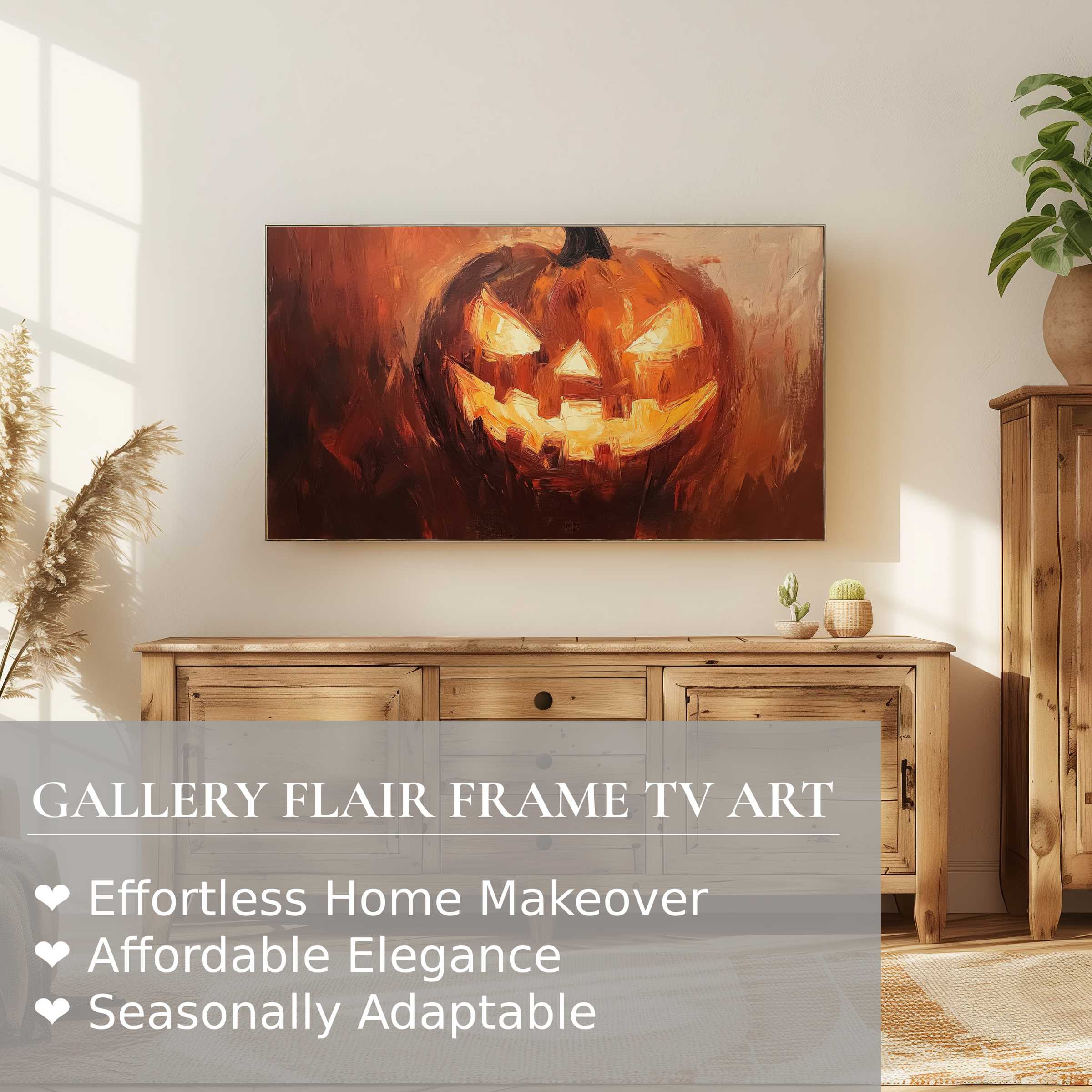 Elegant warm Halloween digital artwork of glowing pumpkin on Samsung Frame TV in modern natural decor setting