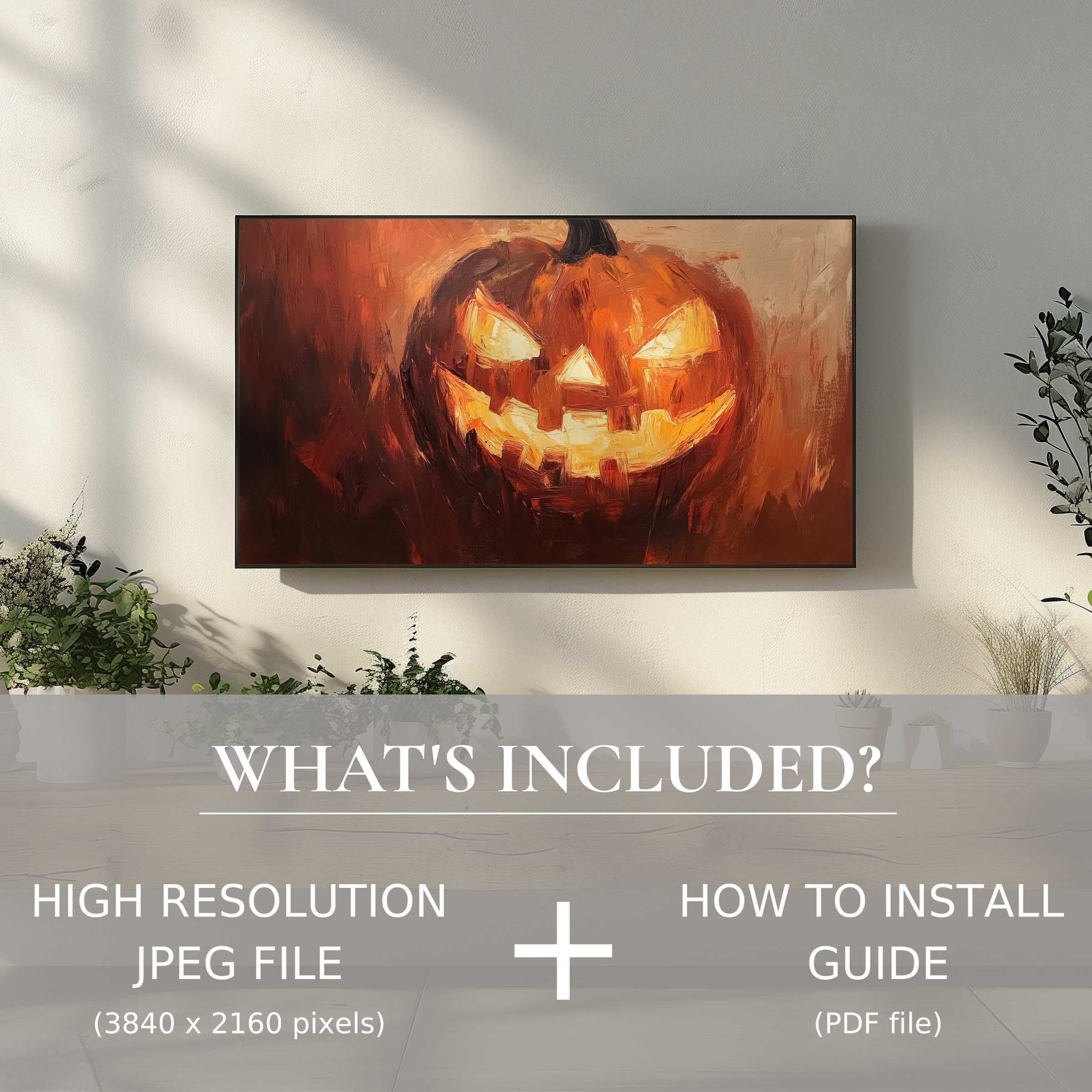 Elegant Halloween digital TV art download featuring a glowing jack-o'-lantern, enhancing your living space with ease